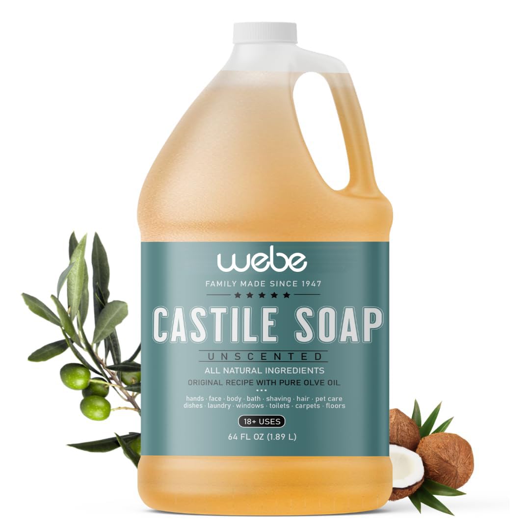 WEBE Pure Unscented Castile Liquid Soap Refill, 64 Ounce | Vegan, Gluten Free, Non-GMO, Cruelty Free | For Face, Body Wash, Dishes, Pets & Laundry | Perfect for Home, Travel & Eco-Friendly Cleaning