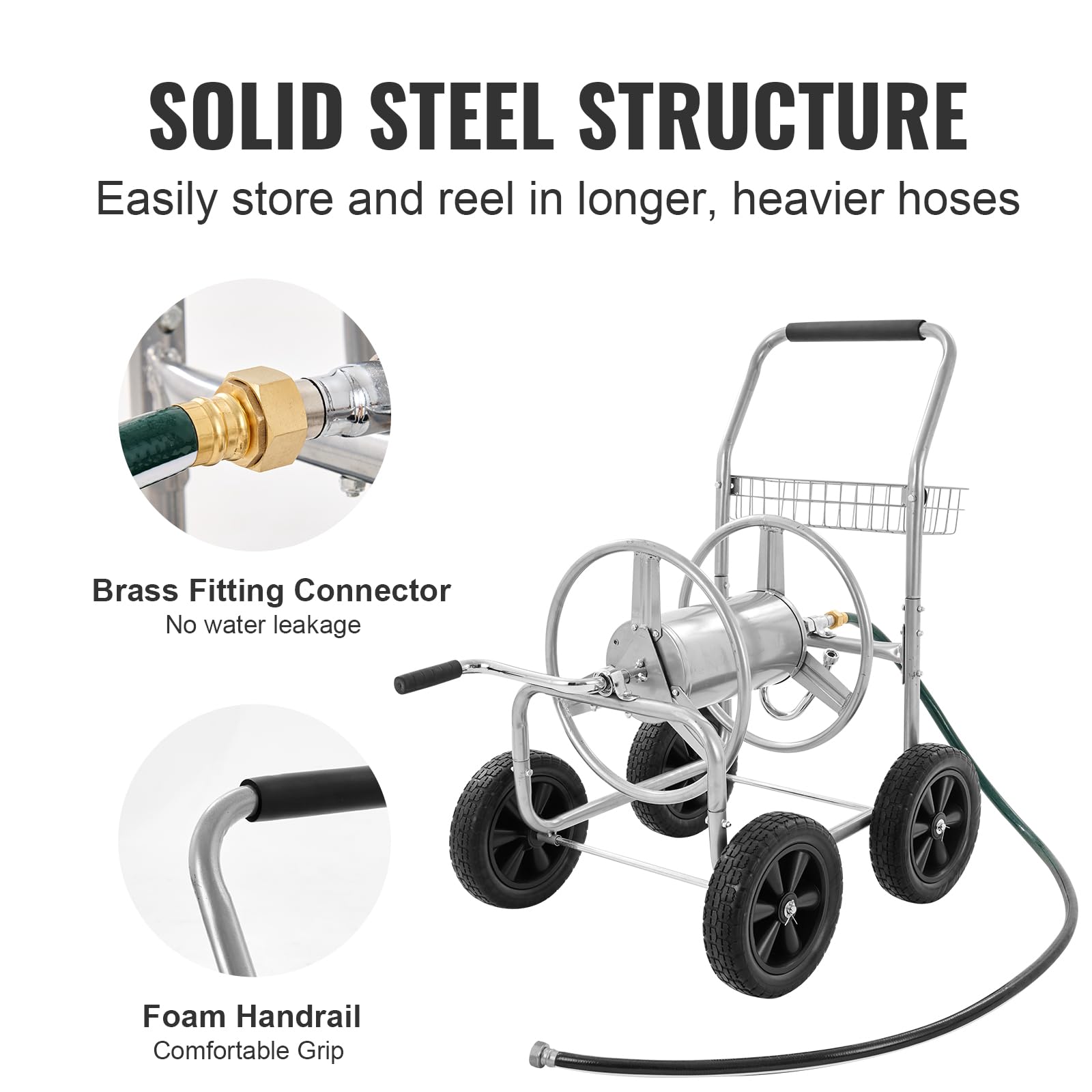 VEVOR Heavy Duty 300 ft Hose Reel Cart with 4 Wheels & Storage Basket - 5/8