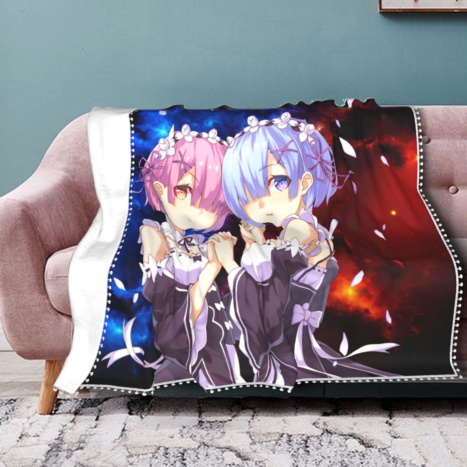 Re Zero Rem and Ram Anime Fleece Throw Blanket - Soft Cozy Pompom Fringe Blanket for Adults & Kids - 60