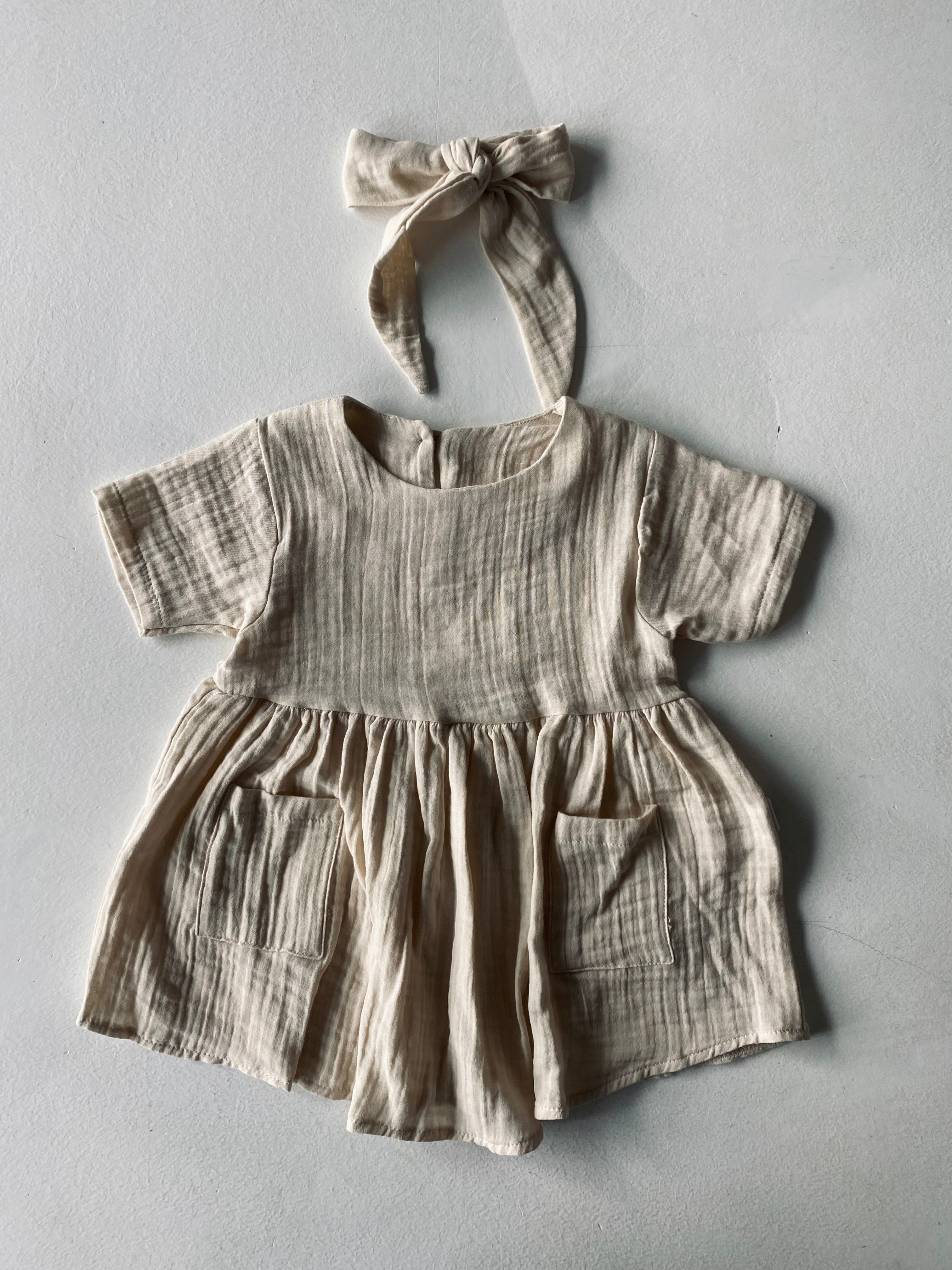 Baby Muslin Dress with Double Pockets & Hairband Set - Soft & Breathable for Newborns, Infants - Perfect for Photo Shoots, Playtime & Special Occasions