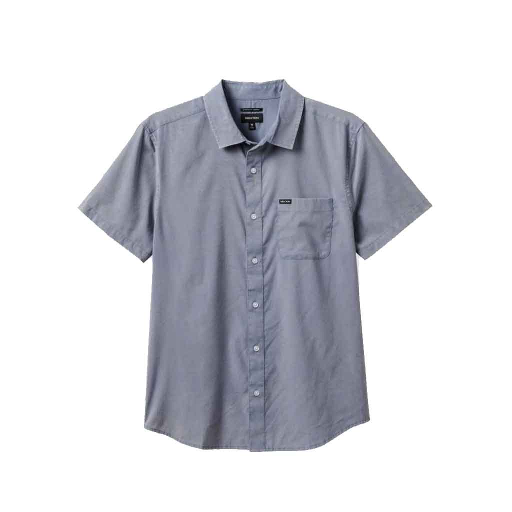 Brixton Charter Sol Wash Short Sleeve Woven Shirt for Men - Flint Stone Blue Washed Cotton - Casual Summer Wear & Outdoor Activities