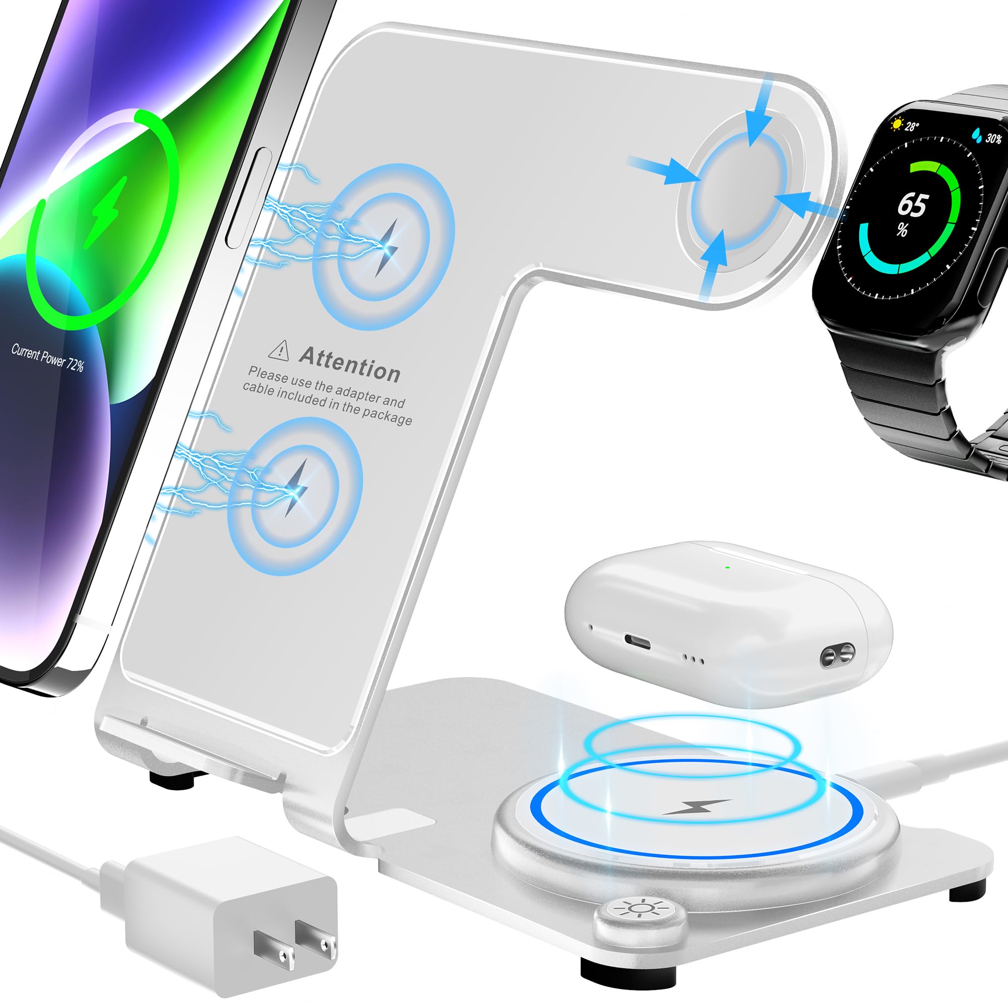 3-in-1 Wireless Charging Stand - 18W Fast Charger for iPhone 14/13/12/11/Pro/Max/XS/XR/X/8, Apple Watch Series 8/7/6/5/4/3/2/SE & AirPods Pro/3/2/1 - Perfect for Bedside, Office & Travel Charging
