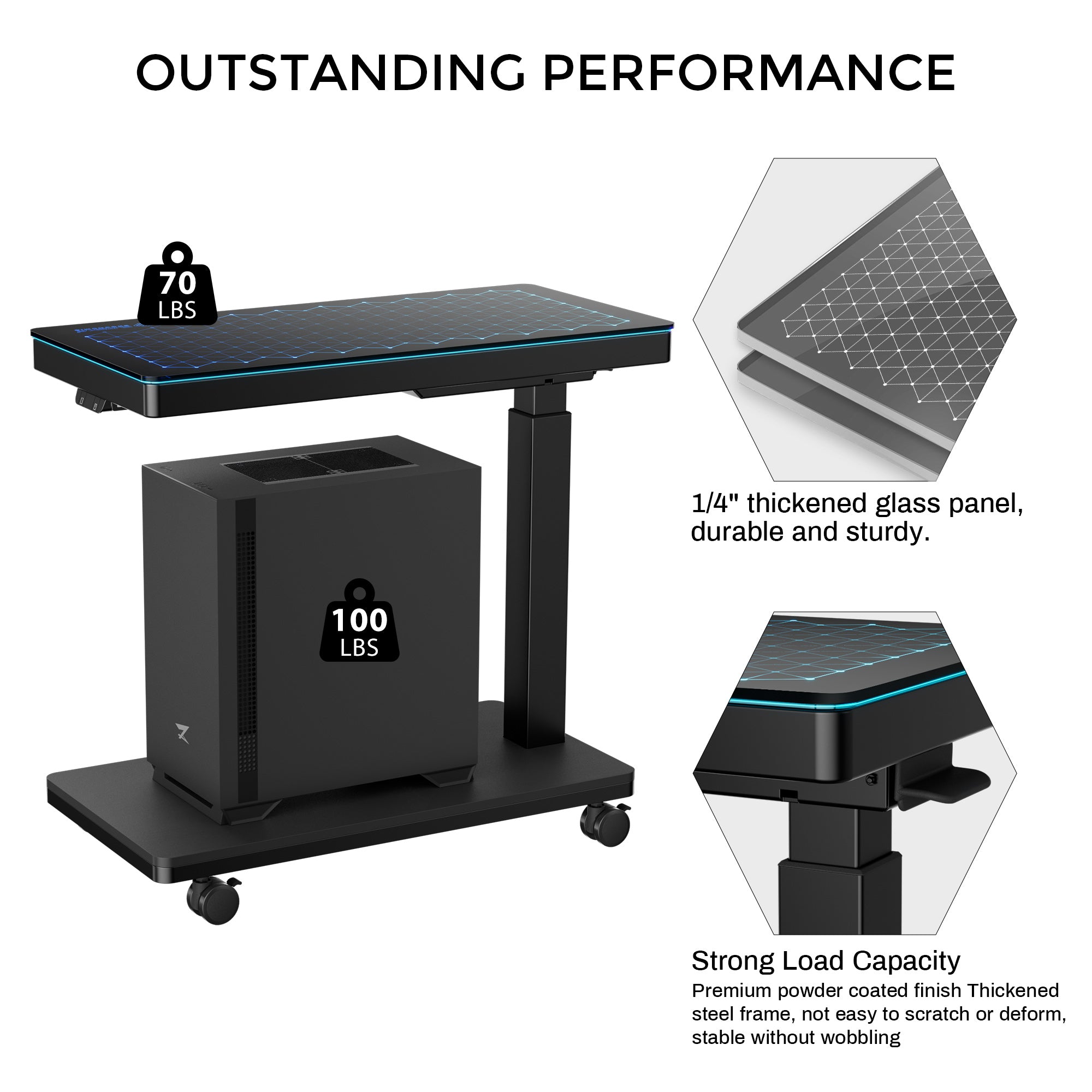 Adjustable Height Illuminated Computer CPU Stand Cart - Perfect for Office, Gaming & Home Workspace Organization