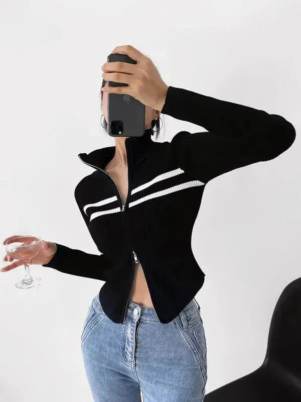 Stylish Striped Zipper Cardigan Sweater for Women - Cozy Fall & Winter Fashion - Perfect for Office, Casual Outings & Layering