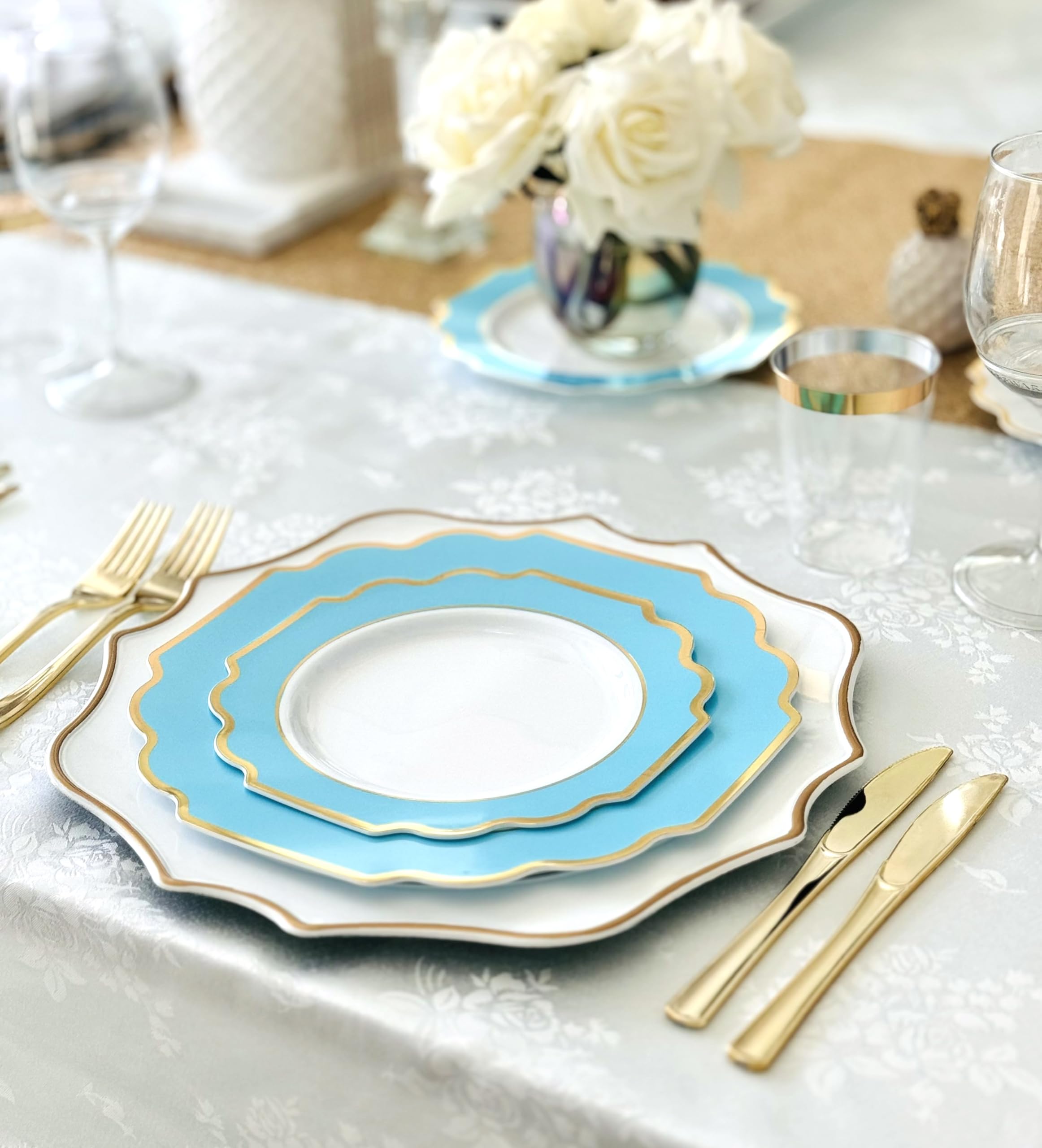 320-Piece Heavyweight Disposable Plastic Plate Set for Weddings & Parties - 40 x 10.5'' Dinner Plates, 40 x 8'' Dessert Plates, Silverware, Cups & Napkins (Imperial Aqua & Gold) - Perfect for Wedding Receptions, Bridal Showers & Large Gatherings