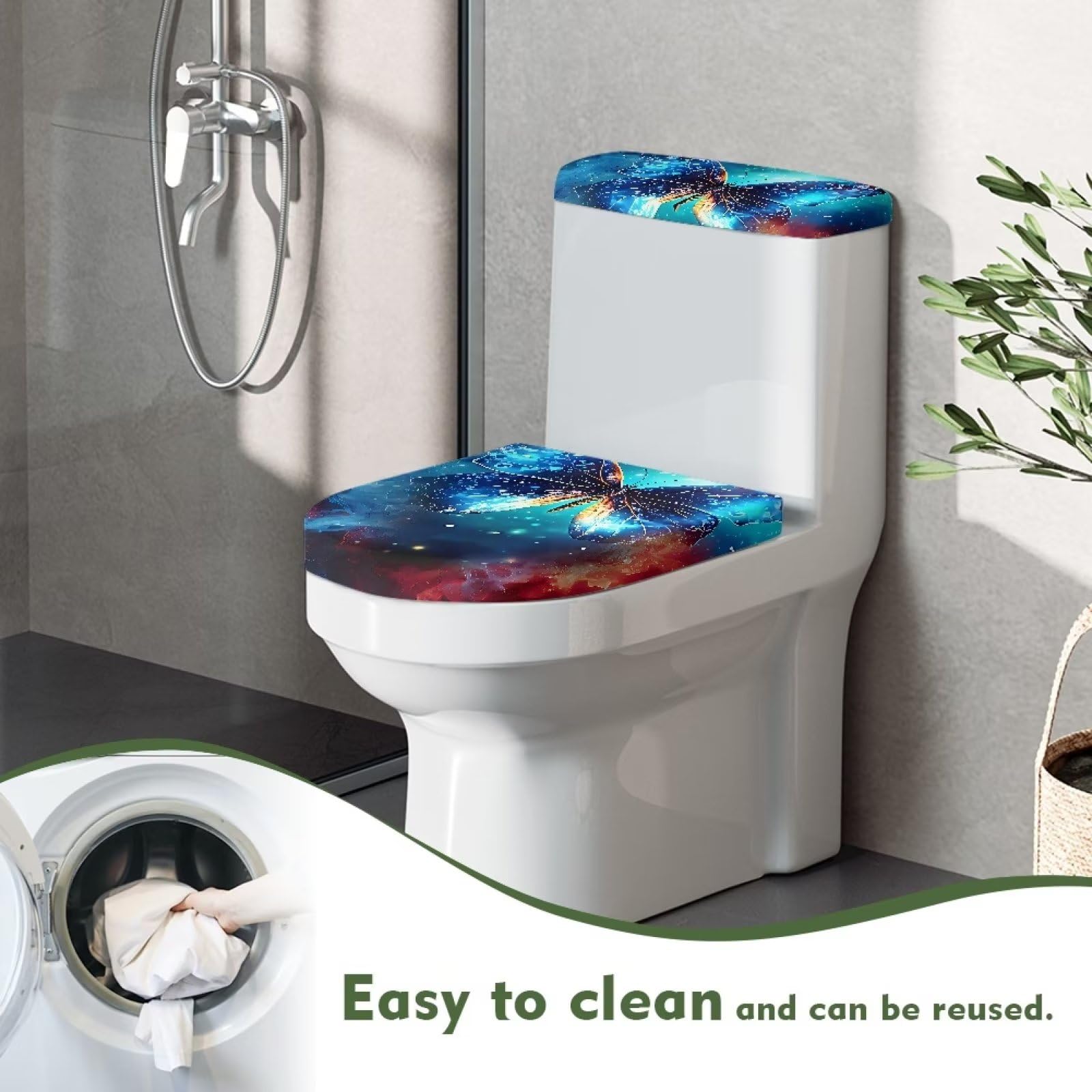 Blue Butterfly Stretchable Toilet Lid & Tank Cover Set - Non-Slip Elastic Edge Fits Round & Elongated Toilets - Bathroom Decor Upgrade for Home, RV & Guest Restrooms