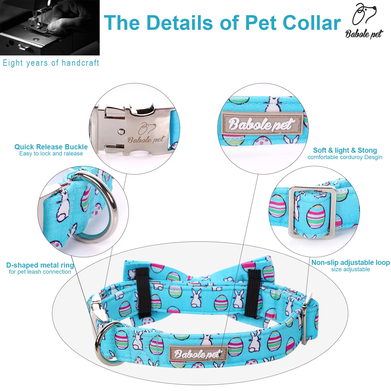 Easter Dog Collar with Bow Tie - Adjustable Bunny Egg Design Pet Collar with Metal Buckle for Small Medium Large Dogs - Perfect for Easter Photos, Pet Parties & Spring Celebrations