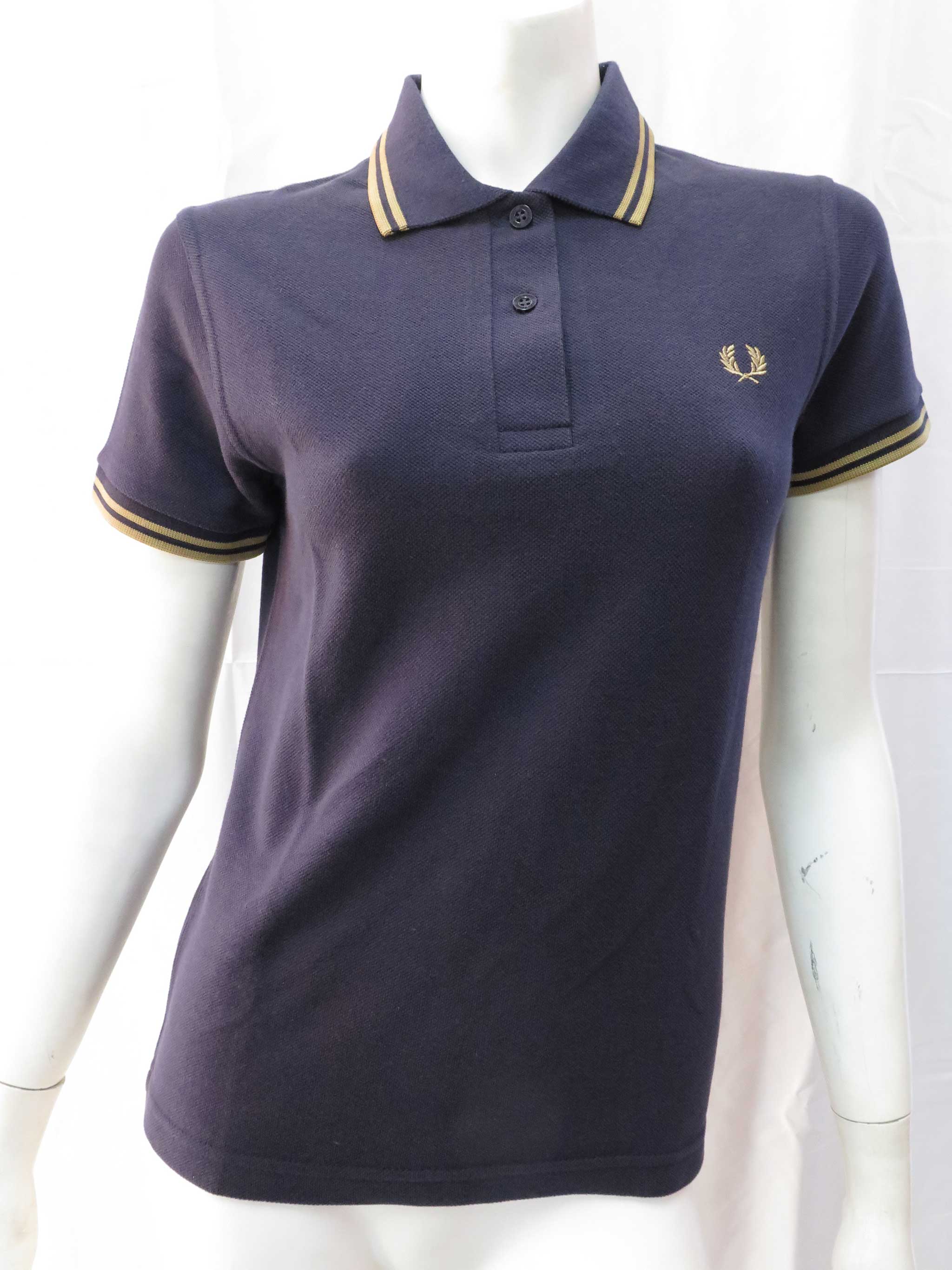 Original Women's Fred Perry Polo Shirt - Made in England - Navy & Gold Stripe | Classic Casual Wear for Women | Perfect for Office, Golf & Everyday Outfits