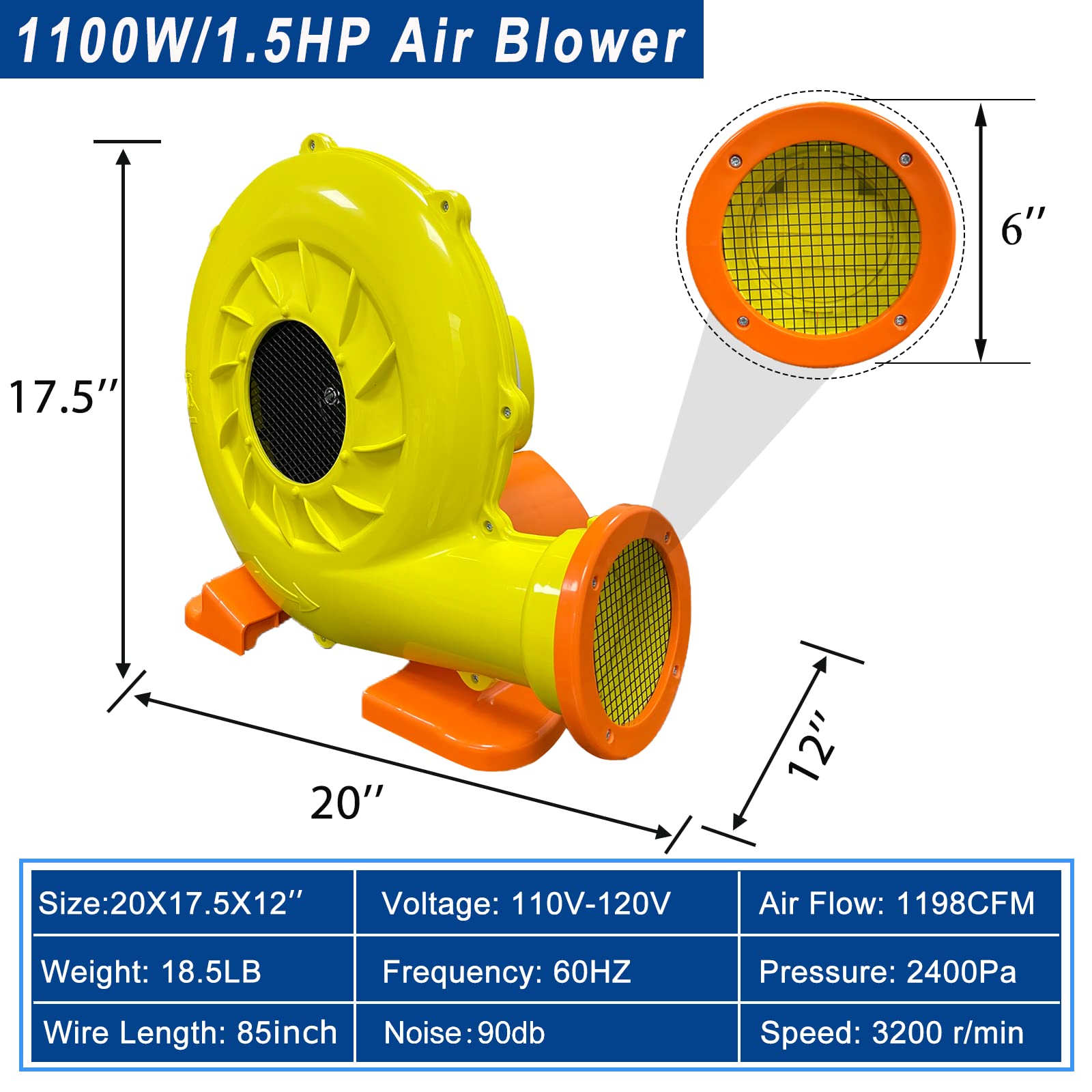 1100W 1.5HP Commercial Air Blower for Bounce Houses - High Power Inflatable Blower Fan for Water Slides, Air Sofas, Paint Booths & Outdoor Inflatables - Perfect for Parties, Carnivals & Backyard Fun