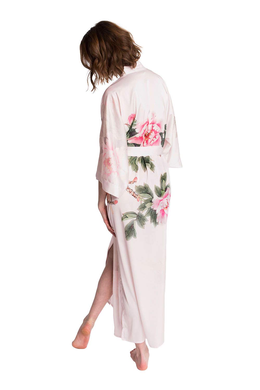 KIM+ONO Women's Charmeuse Kimono Robe Long Sleeve - Watercolor Floral Print Lightweight Loungewear for Spa, Yoga & Bridal Party