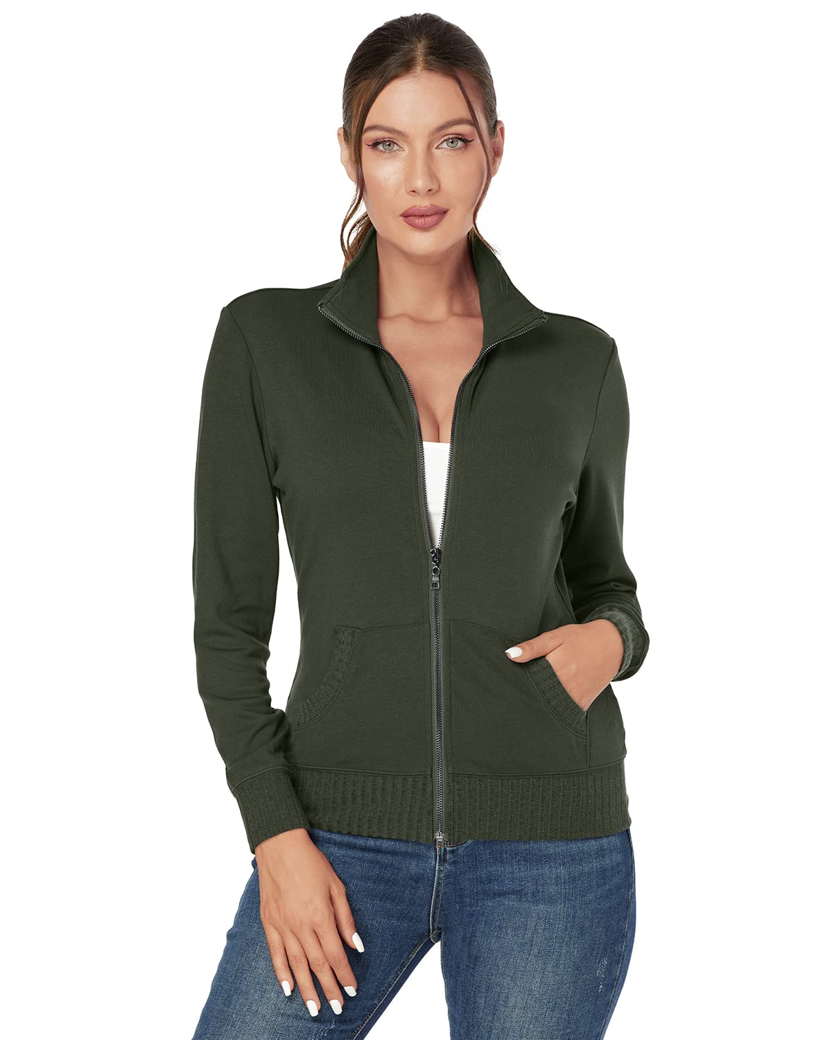 J.Corrine Women's Zip Up Hooded Sweatshirt Jacket - Stand Collar Long Sleeve Athletic Running Track Coat with Pockets - Navy Blue - Perfect for Gym, Jogging & Casual Wear