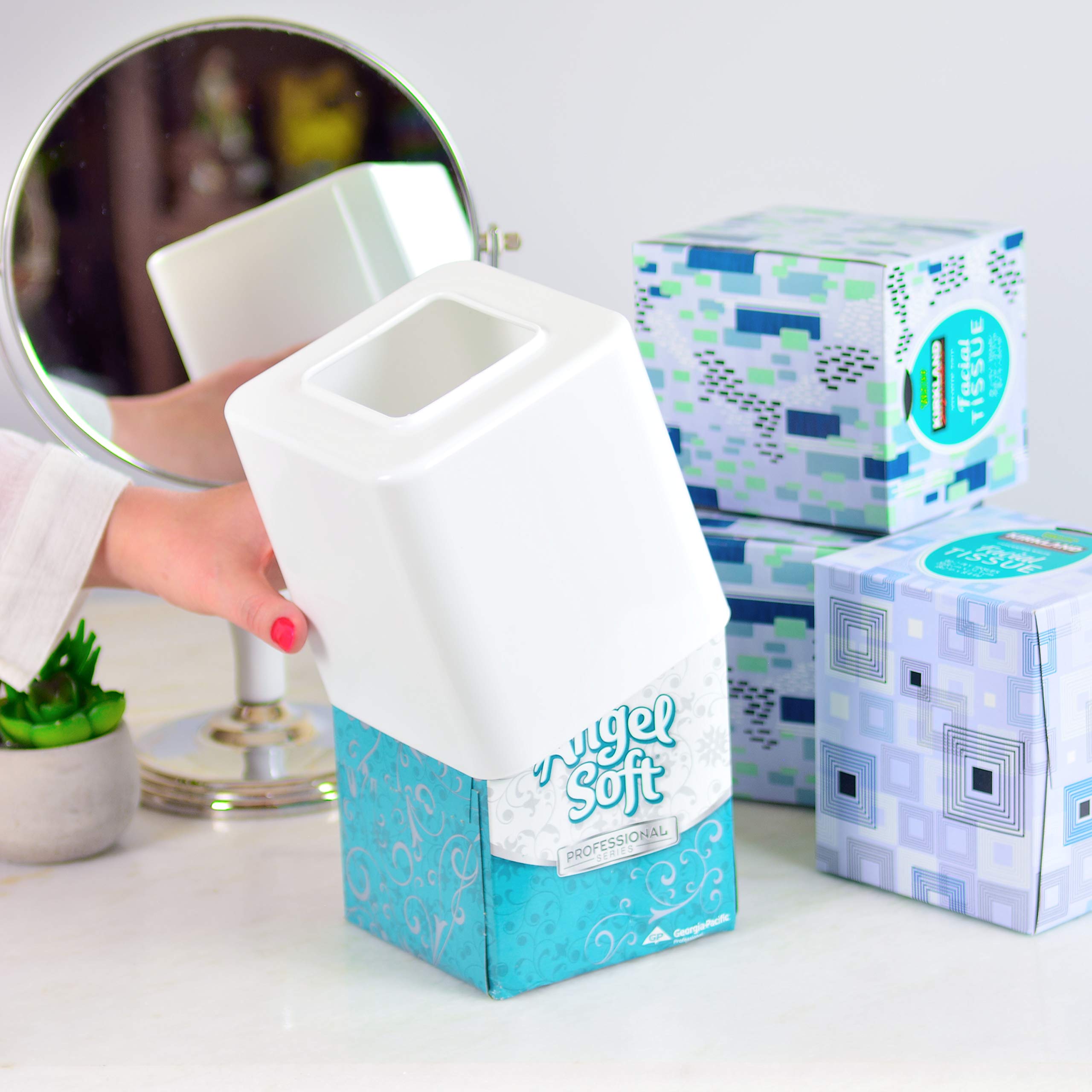 Youngever 2 Pack White Plastic Square Tissue Box Covers & Napkin Holders - Decorative Bathroom & Kitchen Tissue Box Organizer for Home Office Decor