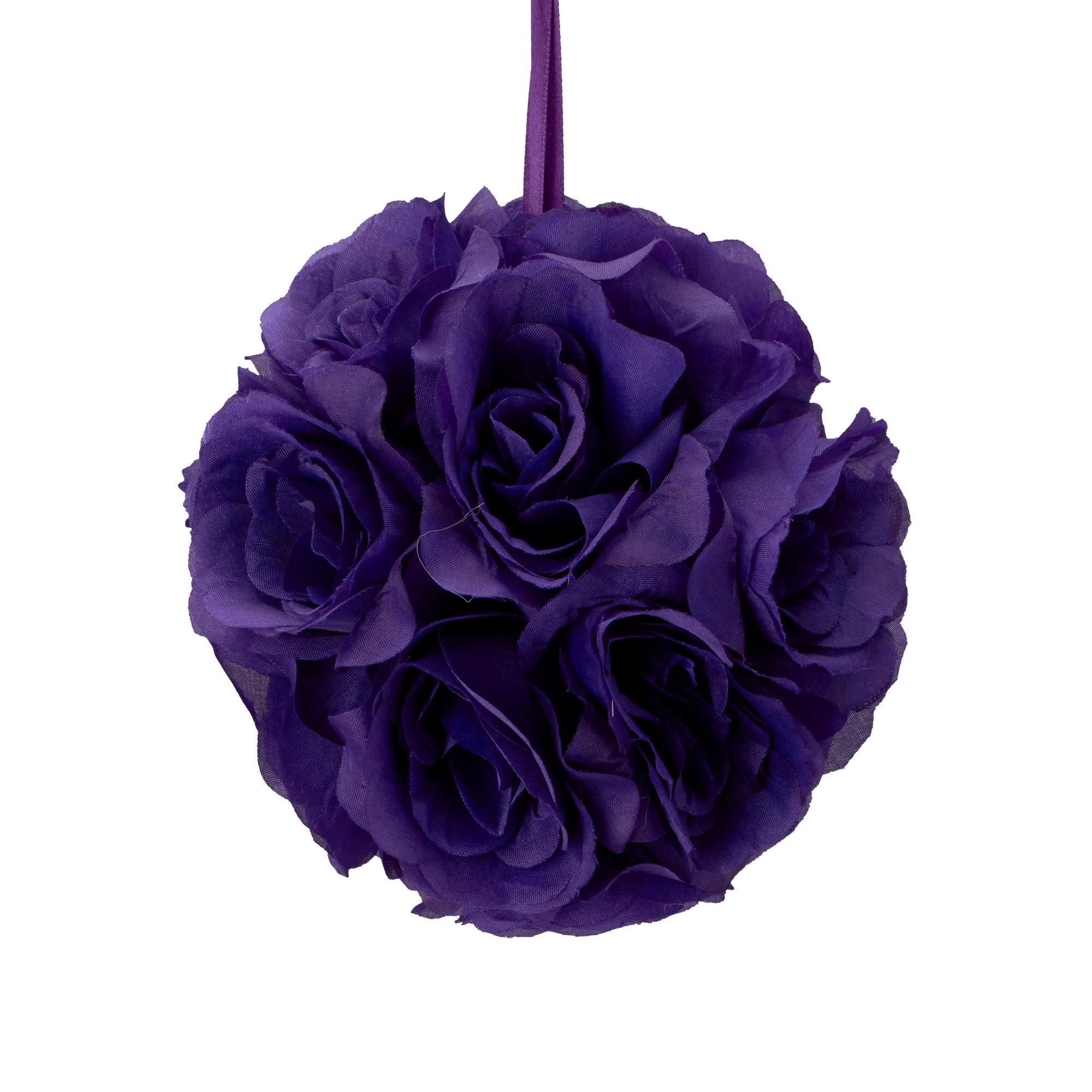 6 Inch Round Silk Pomander Rose Kissing Ball with Satin Ribbon - Elegant Wedding Decor for Aisle, Arch & Centerpieces (Purple)