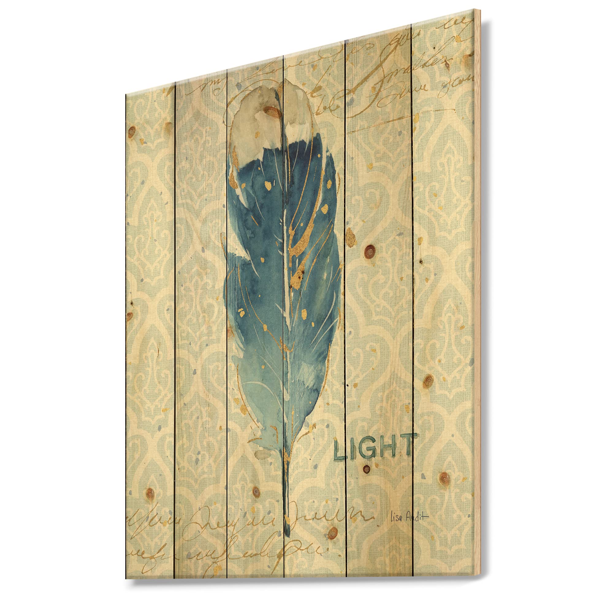 Blue Damask Feather Farmhouse Wood Wall Decor - Large Animal Printed Pine Wood Wall Art for Living Room, Bedroom, or Office | Rustic Home Decor
