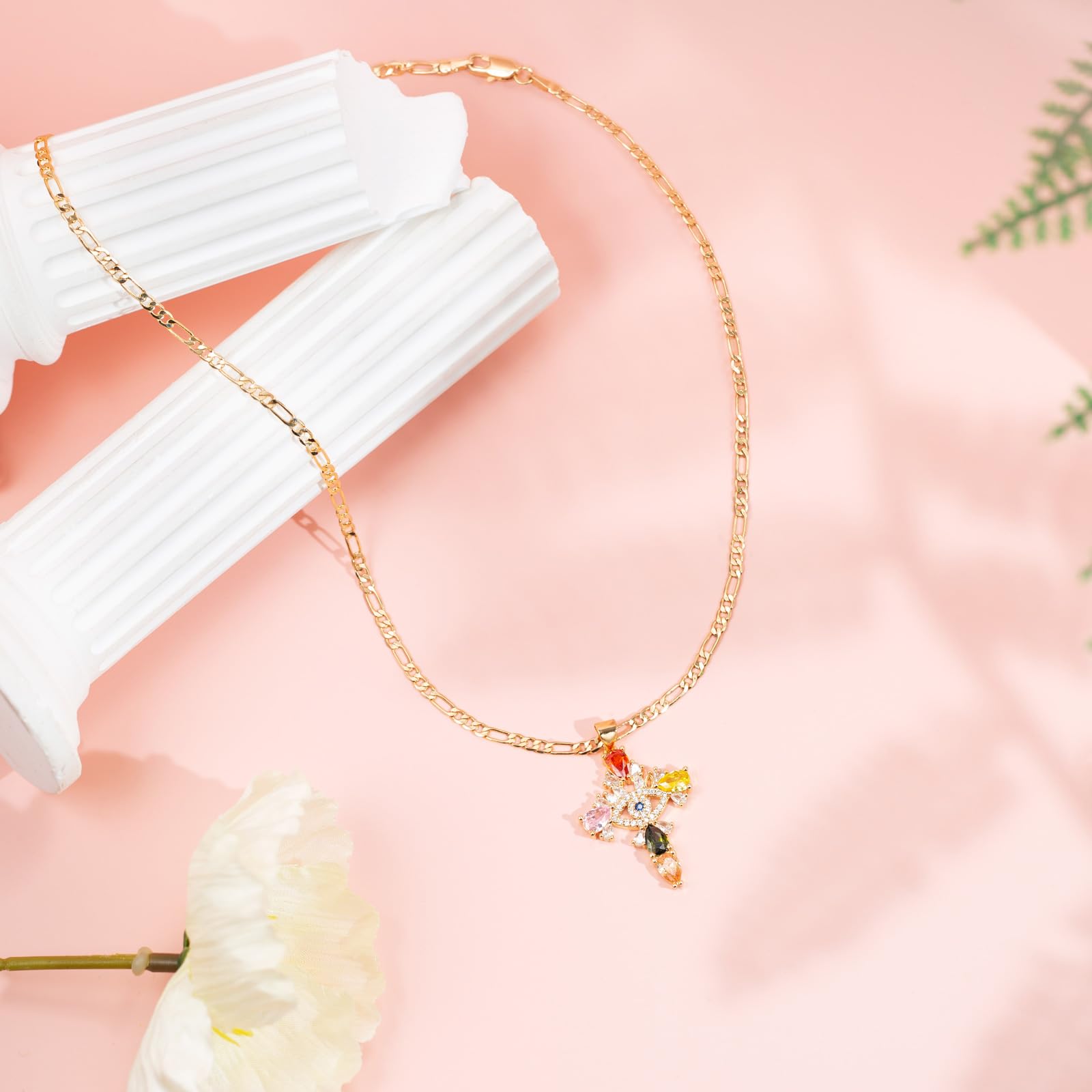 HZMAN 14K Rose Gold Plated Crystal Cross Necklace for Women - Colorful Evil Eye & Egyptian Cross Pendant Jewelry Gift for Birthday, Anniversary & Special Occasions