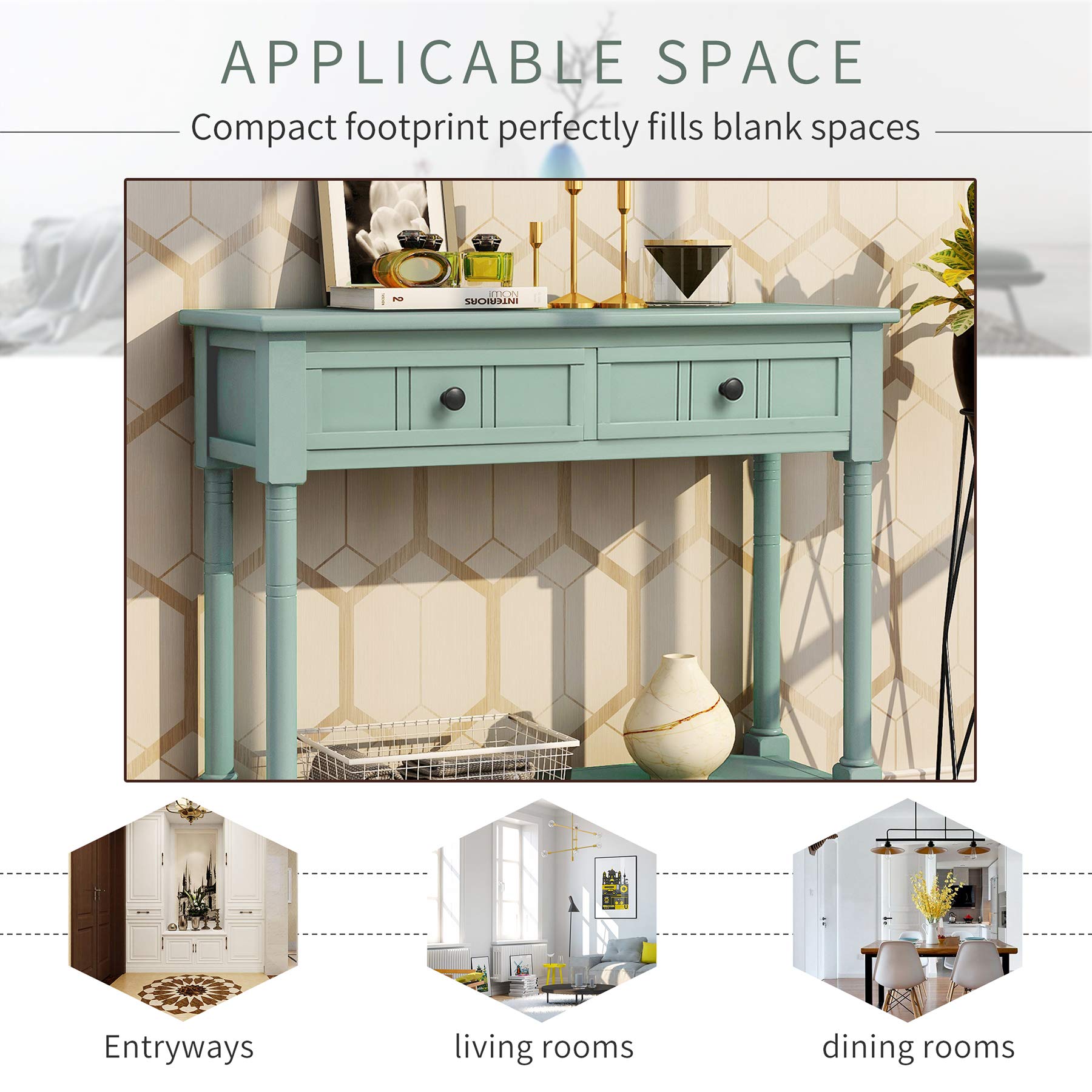 P PURLOVE Wooden Console Table with 2 Drawers & Bottom Shelf - Modern Sofa Table Sideboard for Living Room, Bedroom, Entryway (Tiffany Blue) - Perfect for Hallway Storage & Home Decor