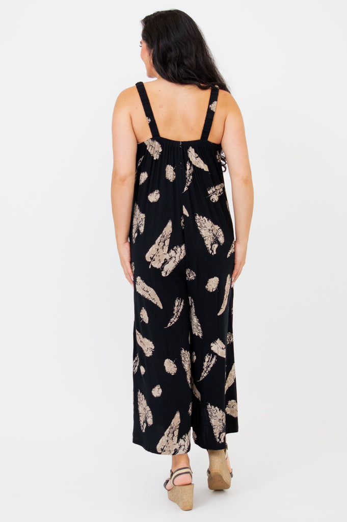 Joanna Jumpsuit - Shadow Leaf Print Linen Bamboo Blend Women's Romper | Perfect for Summer Outfits, Beach Vacations & Casual Wear