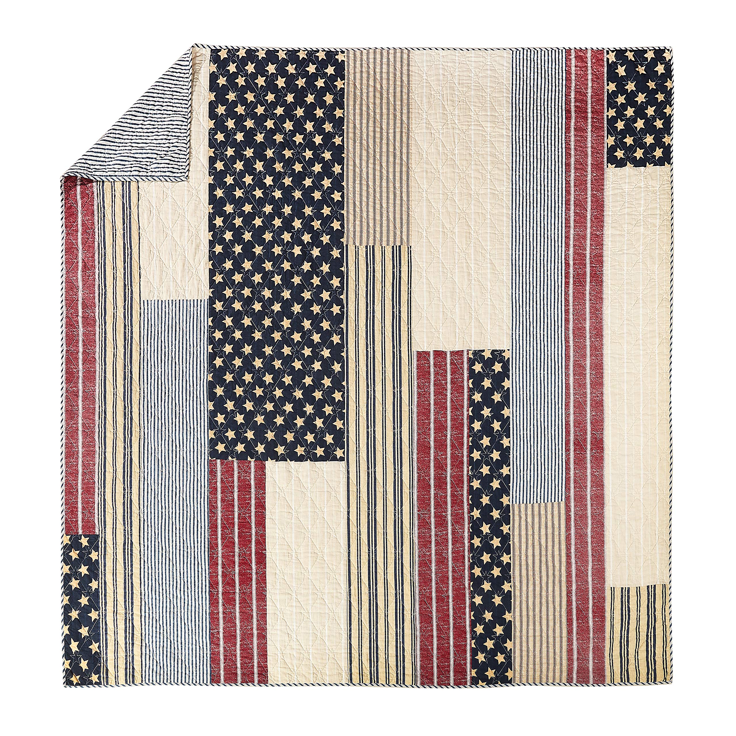 Americana King Size Quilt Set with 2 Shams - Reversible 3-Piece Lightweight Coverlet in Red & Blue - All Seasons Bedding for Rustic Farmhouse, Lodge, or Cabin Decor
