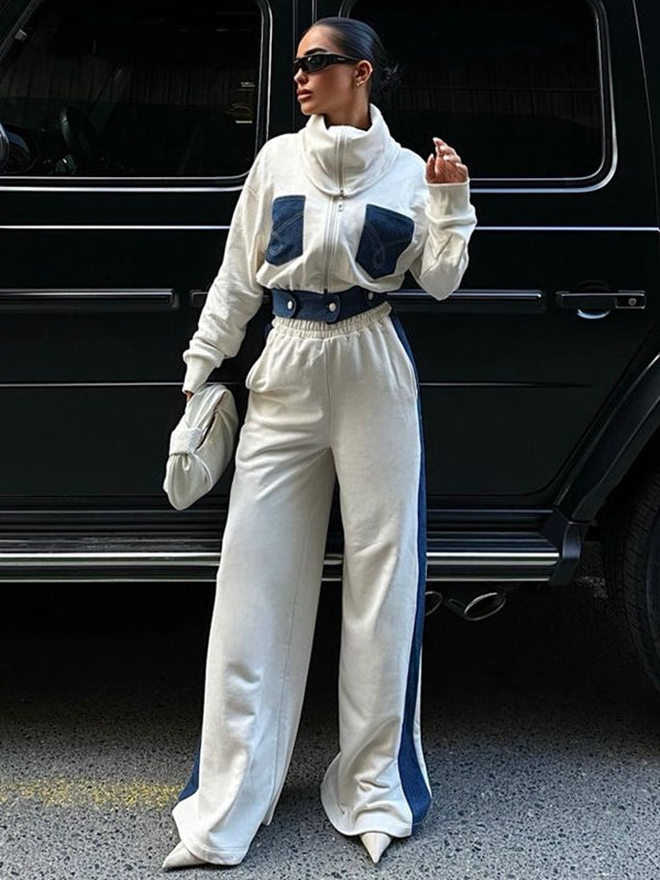 ZASUWA Women's Sexy Denim Contrast Color Pocket Casual Tracksuit Set - Stylish Jogger Pants & Hoodie Outfit for Gym, Lounge & Streetwear Fashion