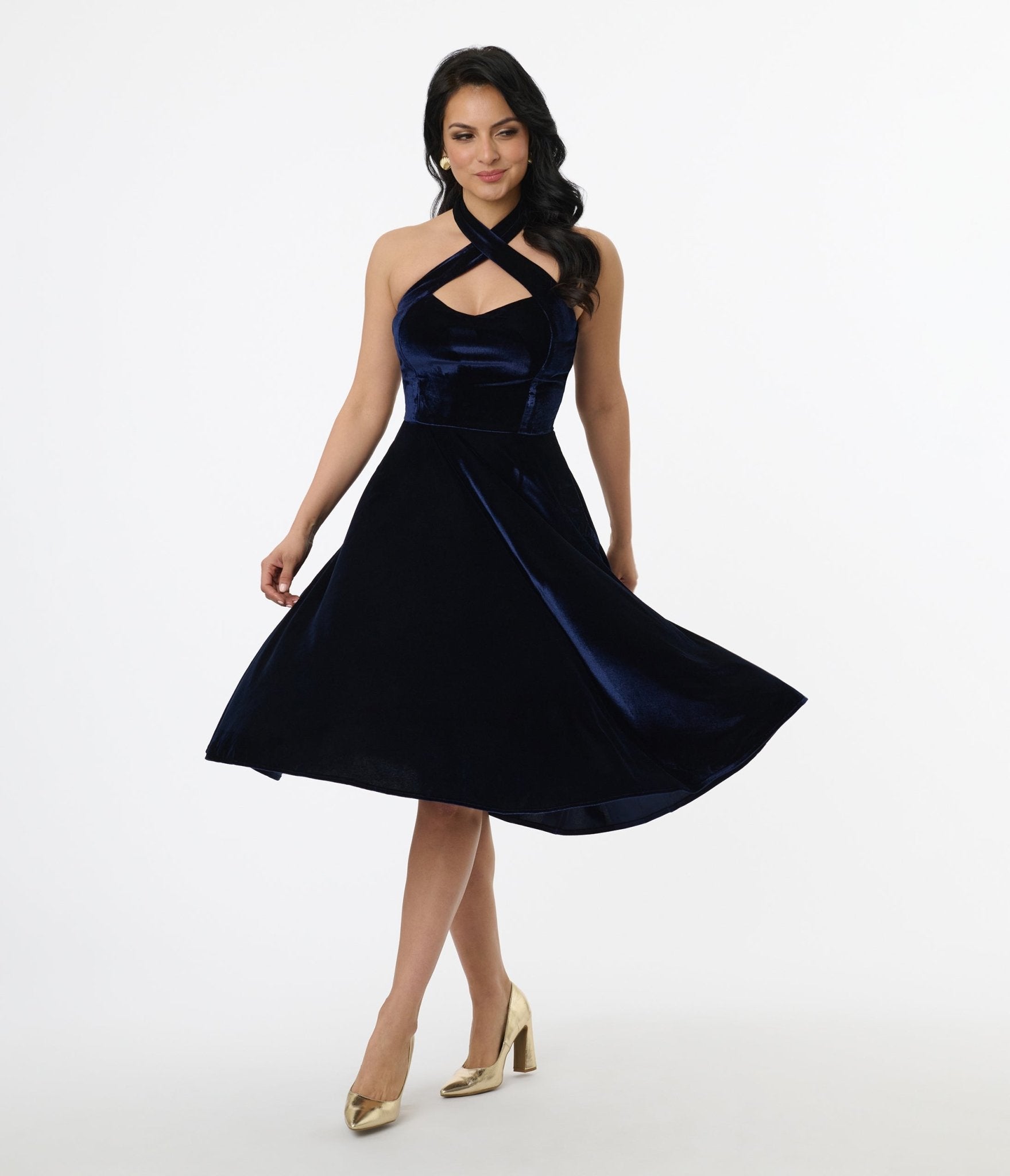 Vintage 1950s Navy Blue Velvet Halter Dress with Criss Cross Back & Flare Skirt - Retro Pinup Style for Parties, Weddings & Special Occasions