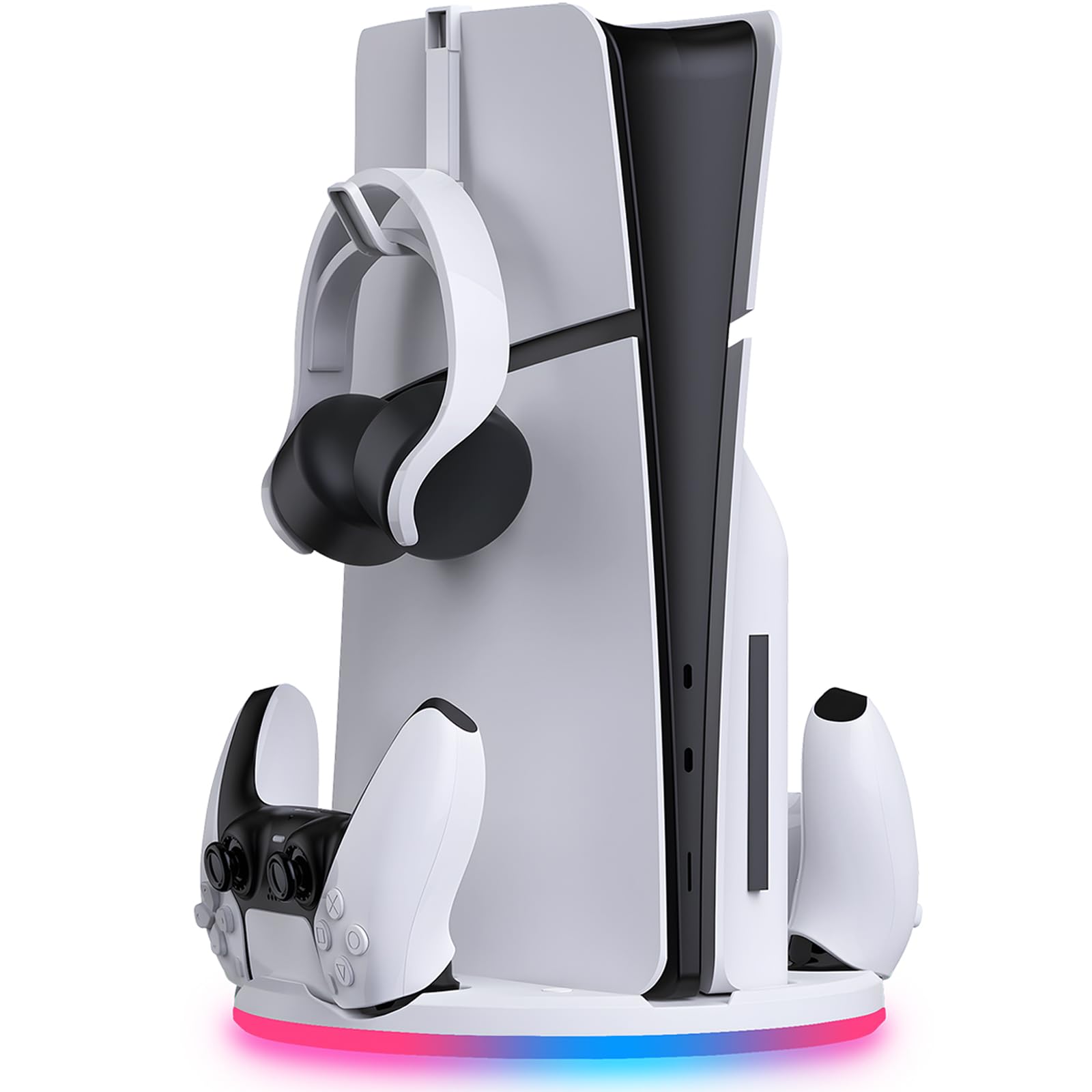 PS5 Slim Vertical Stand with Dual Controller Charger - RGB Lighting Gaming Station for PlayStation 5 | Includes Headset Hook & Fast Charging for DualSense & Edge Controllers | Perfect for Gaming Setup & Console Protection