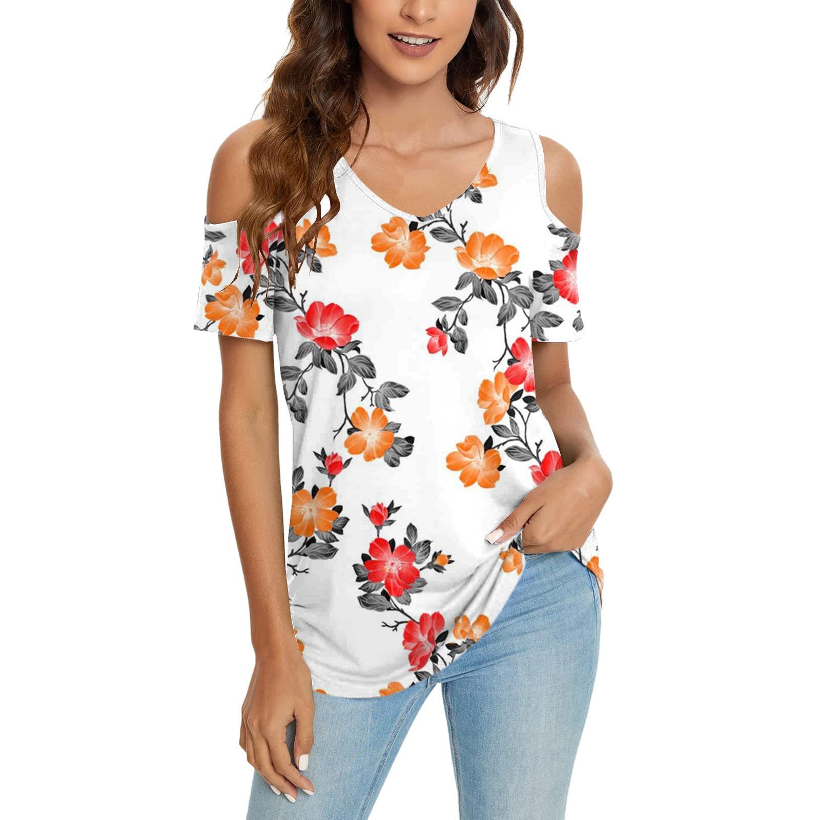 2022 Women's Summer Cold Shoulder Tops - Floral Print V Neck Short Sleeve Loose Fit T-Shirts | Casual Going Out Tees for Beach, Party & Date Night