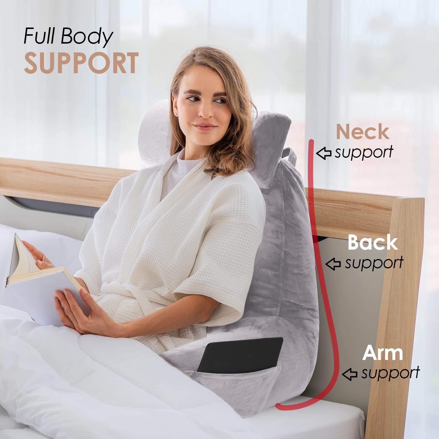 Nestl Reading Pillow Large Bed Pillow with Pockets - Shredded Memory Foam Back Support Pillow for Sitting in Bed, Reading, or Relaxing - Grey Lavender Chair Pillow for Bed Rest, Sofa & Armchair Comfort - Perfect for Reading, Watching TV, or Lounging in Bed
