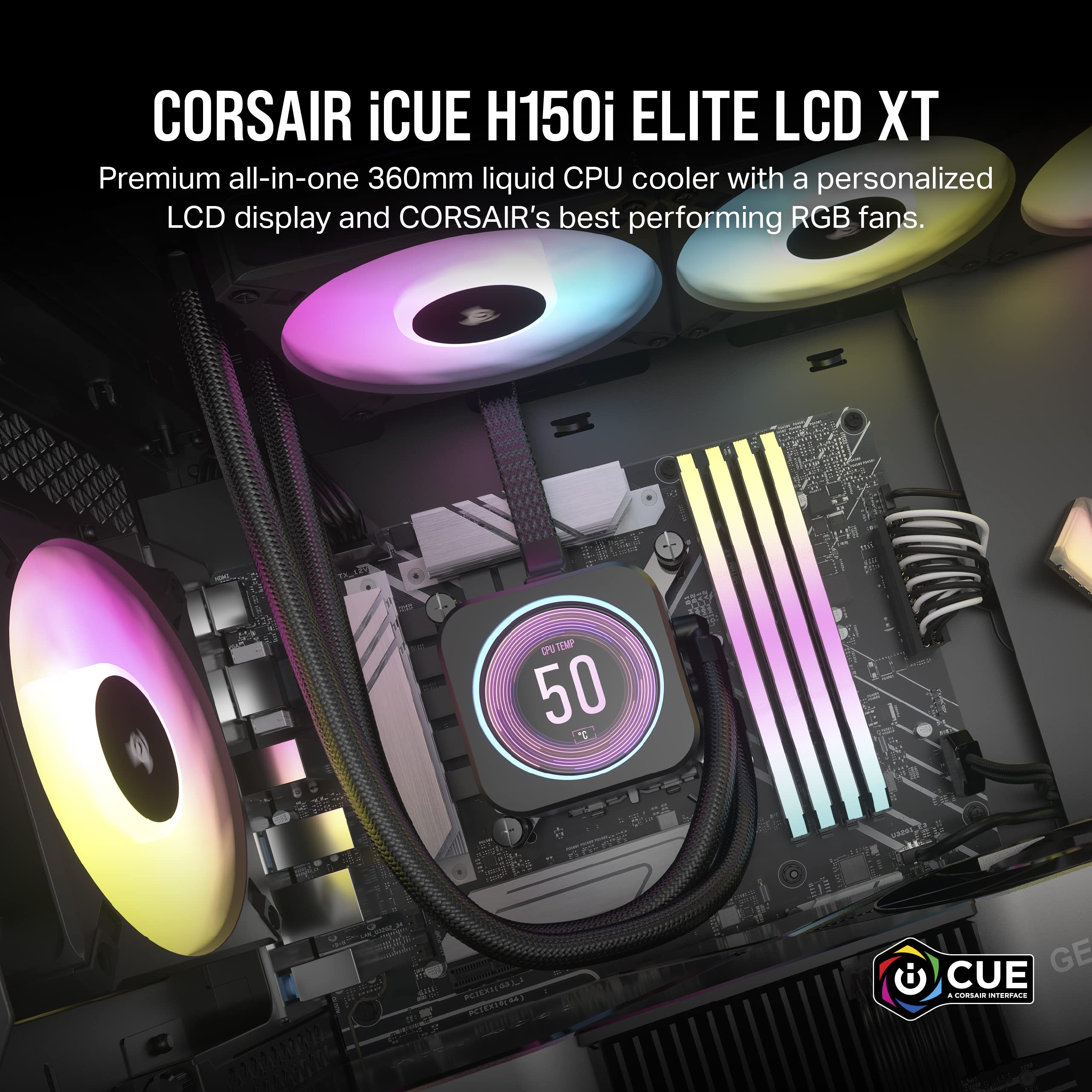 Corsair iCUE H150i Elite LCD XT Liquid CPU Cooler with IPS LCD Screen - 360mm Radiator & 3 AF120 RGB Elite Fans - Compatible with Intel LGA 1700 & AMD AM5 Sockets - Includes iCUE Commander CORE - Black - Perfect for Gaming PCs, Workstations, and High-Performance Builds