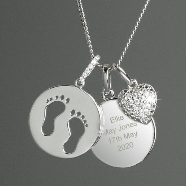 Personalized Sterling Silver Baby Footprint Necklace with Cubic Zirconia Heart - Angel Wing Memorial Jewelry for Newborns, Baptism Gifts & Baby Loss Remembrance
