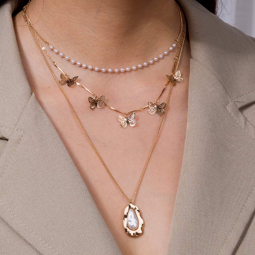 3 Tier Gold Butterfly Pearls Chunky Chain Necklace for Women - Elegant Layered Choker Jewelry for Party, Wedding & Evening Wear - Trendy Fashion Accessory Gift for Her