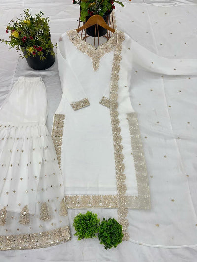 Elegant White Crunchy Silk Embroidered Sharara Suit Set for Women - Perfect for Weddings, Parties & Festive Occasions