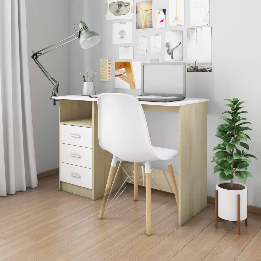 H.BETTER 43.3 Inch Computer Desk with 3 Drawers - White & Sonoma Oak Chipboard Workstation for Home Office, Study Table for Students | Compact Writing Desk for Small Spaces, Dorm Room & Apartment