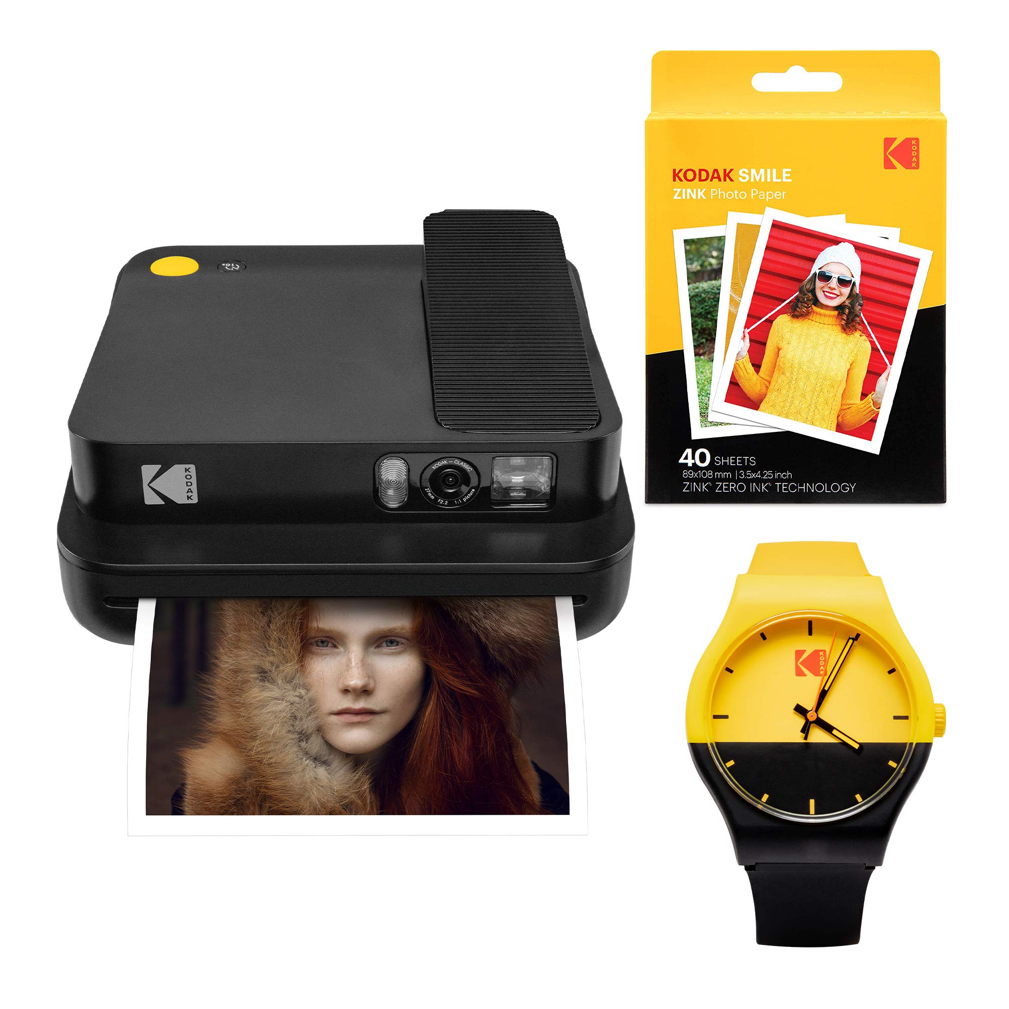 KODAK Smile Classic Digital Instant Camera with Bluetooth - Black Instant Print Camera & Smartwatch Bundle for Travel, Parties & Memorable Moments