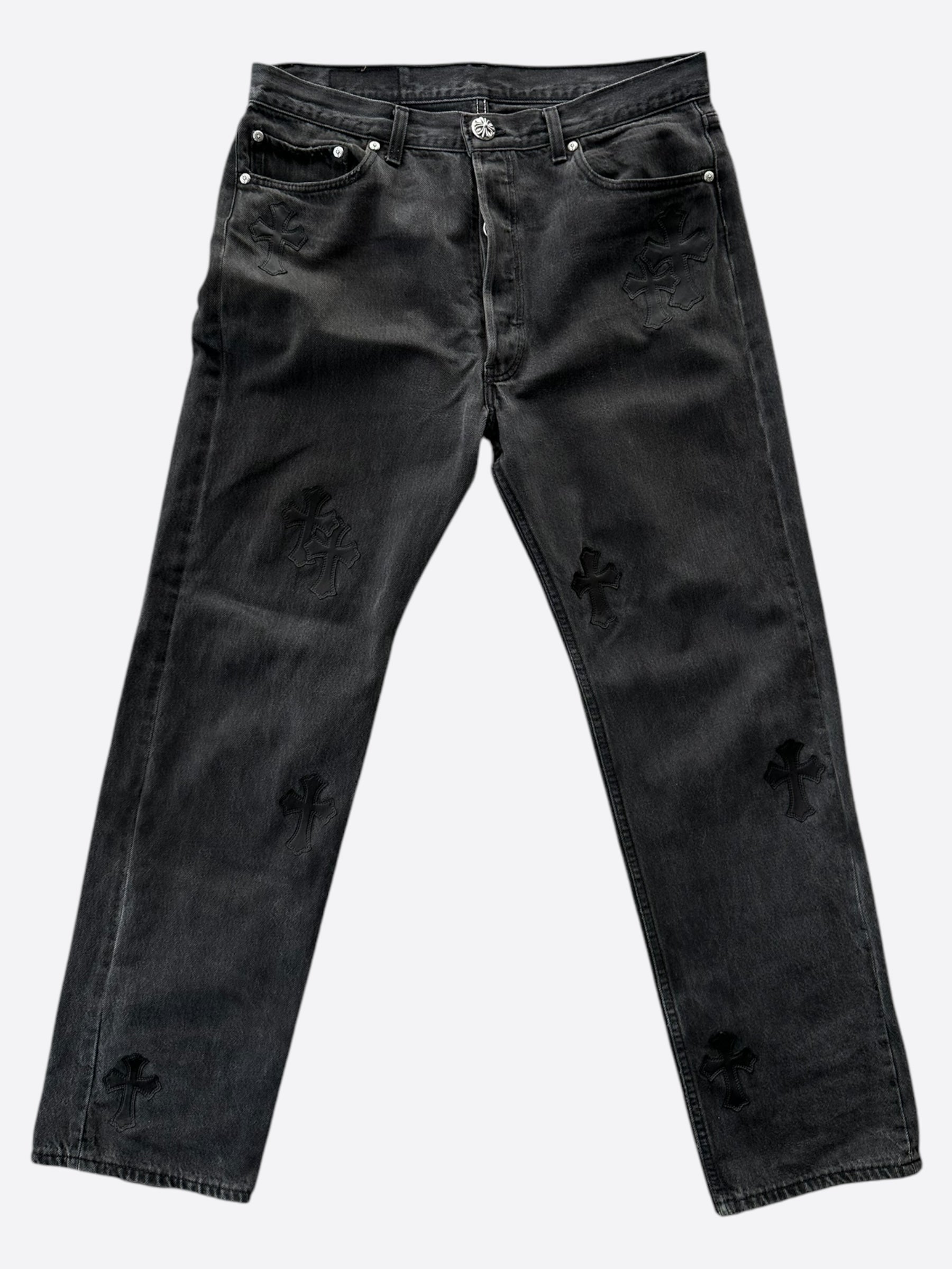Chrome Hearts x Levi's Grey & Black Cross Patch Denim Jeans for Men - Stylish Vintage Streetwear for Casual Outfits and Night Out