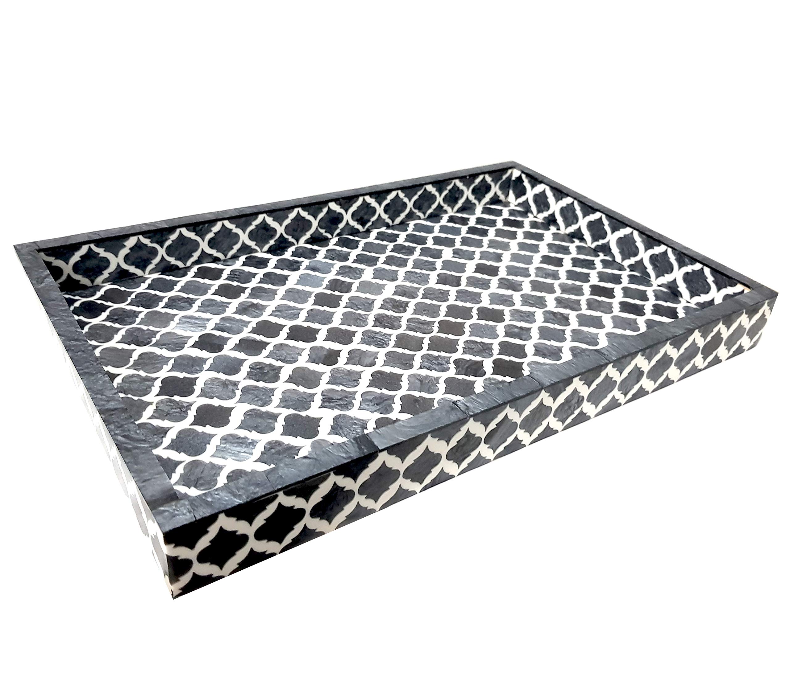 Handmade Moroccan Quatrefoil Inlay Tray - Designer Bone Inlay Coffee Table Decor, Grey Moorish Handicraft Tray for Breakfast, Jewelry & Home Decor | Perfect for Living Room, Bedroom & Office
