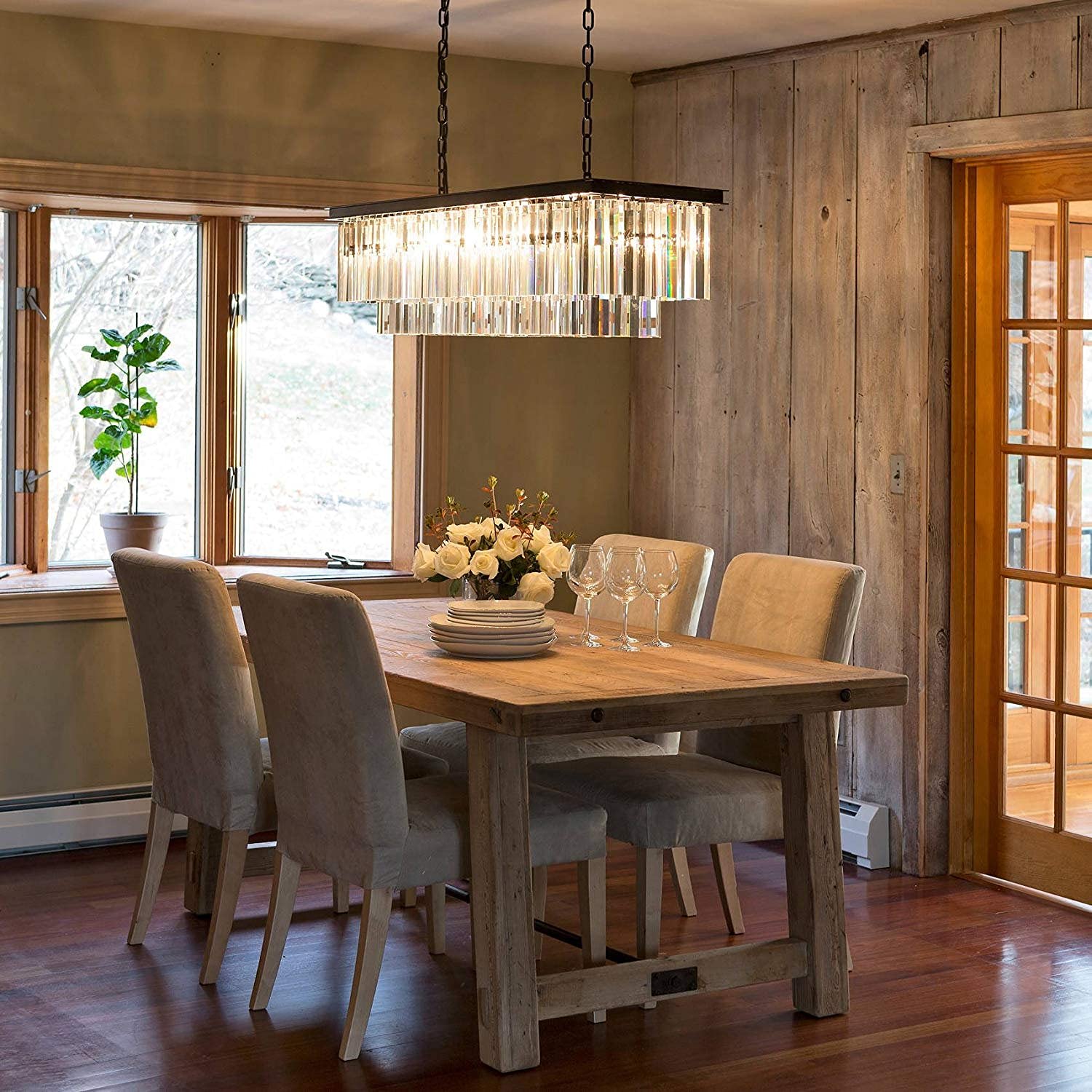 7PM 40 Inch Modern Farmhouse Chandelier - Dimmable Industrial Rectangular Hanging Light for Dining Room, Kitchen Island, Living Room & Bedroom Lighting