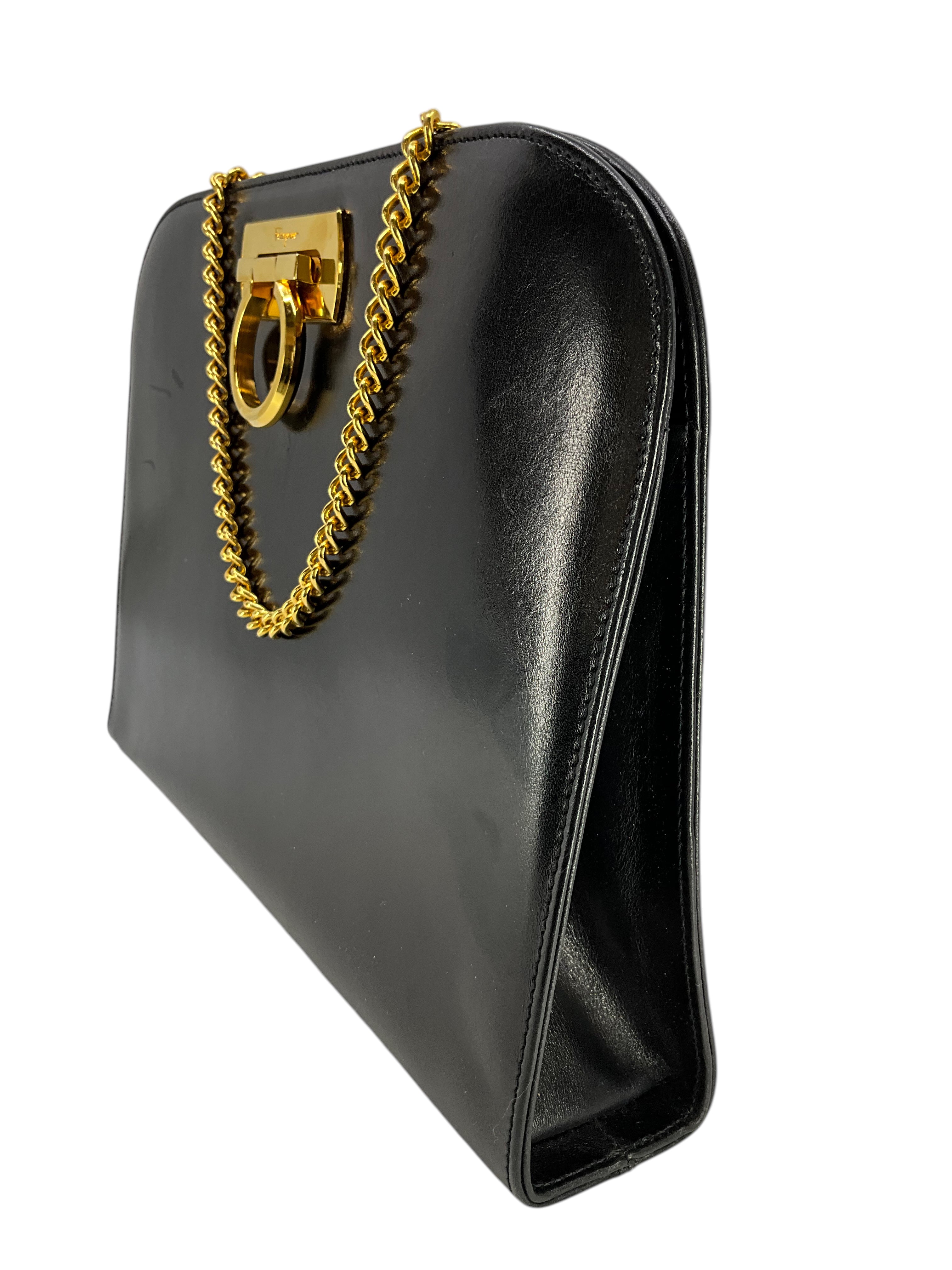 Salvatore Ferragamo Genuine Leather Gancini Chain Link Shoulder Bag for Women - Luxury Designer Handbag for Work, Travel & Evening Events
