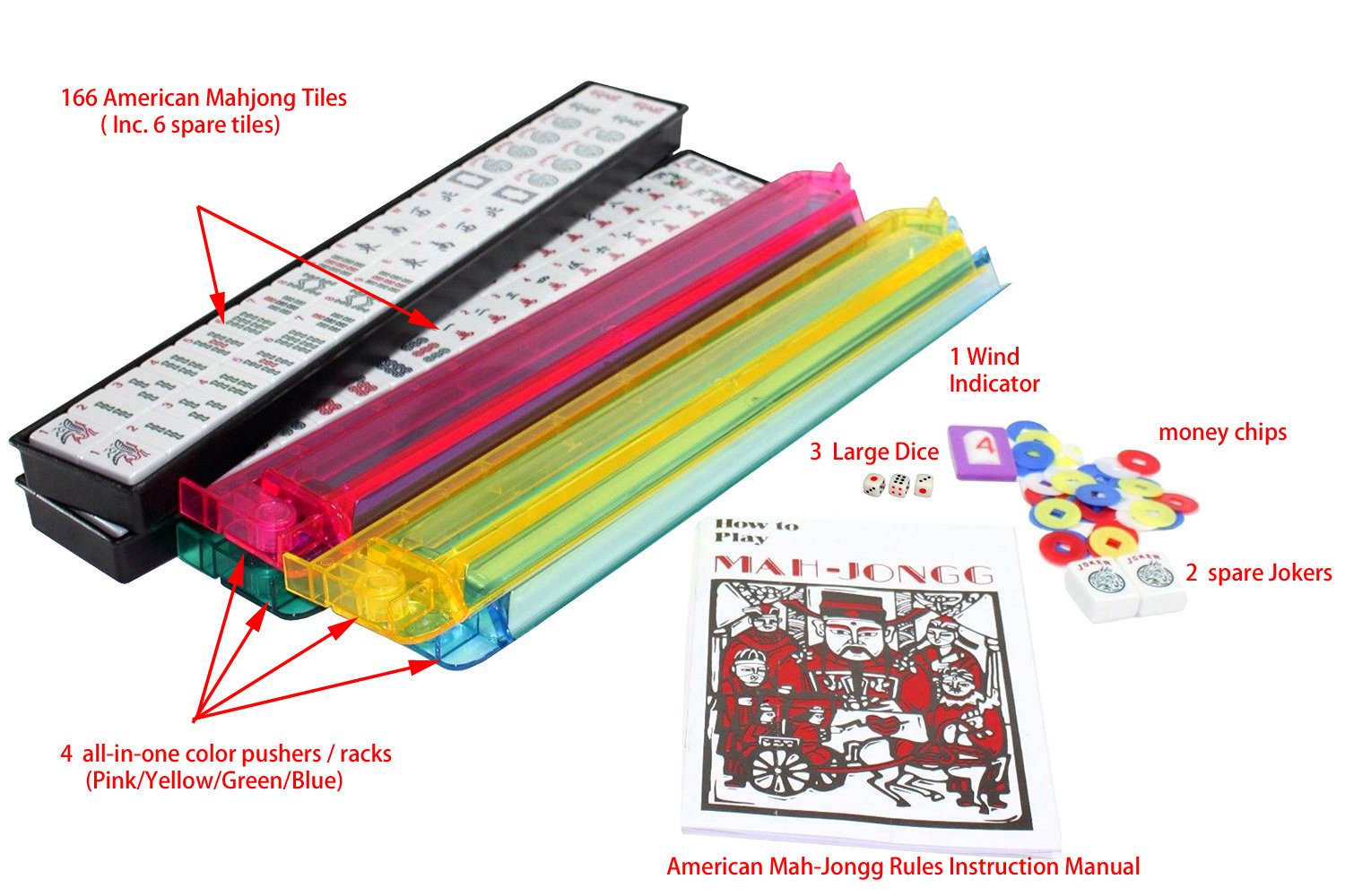 166 Tiles American Mahjong Set with Red Phoenix Design - Includes Soft Carrying Bag, 4 Color Pushers & Racks - Portable Western Mahjongg Game for Travel, Parties & Family Game Nights