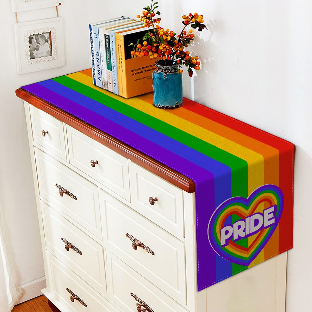 Linen Pride Table Runner - Love Wins LGBTQ Rainbow Party Decorations for June Holiday, Gay Lesbian Home Kitchen & Dining Room Table Decor, Perfect for Weddings, Pride Month Celebrations & Festive Gatherings
