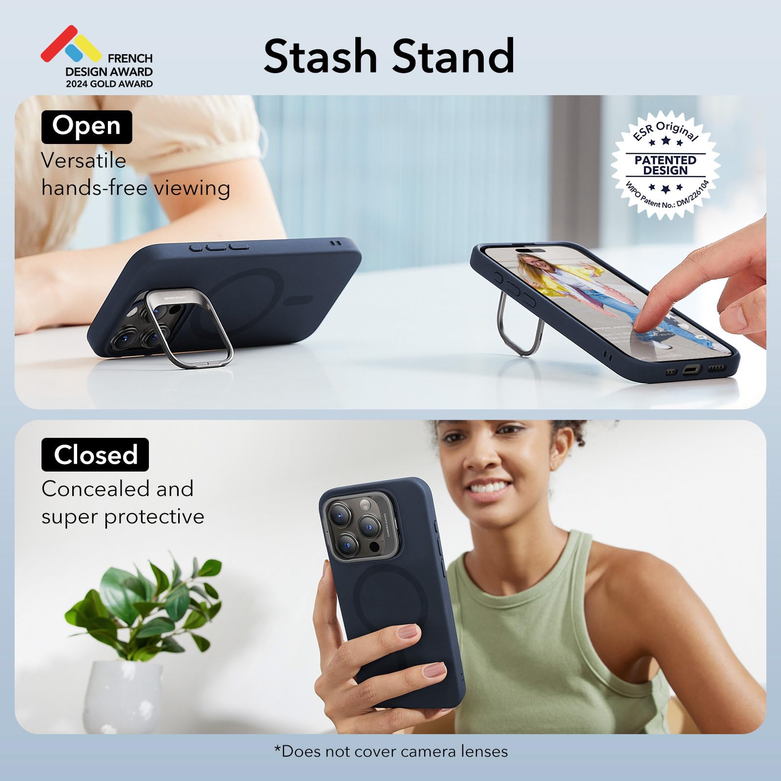 ESR MagSafe Silicone Case for iPhone 15 Pro - Military-Grade Protection with Built-in Stand & Camera Stash | Magnetic Phone Cover (Dark Blue, Cloud Series) - Perfect for Work, Travel & Daily Protection