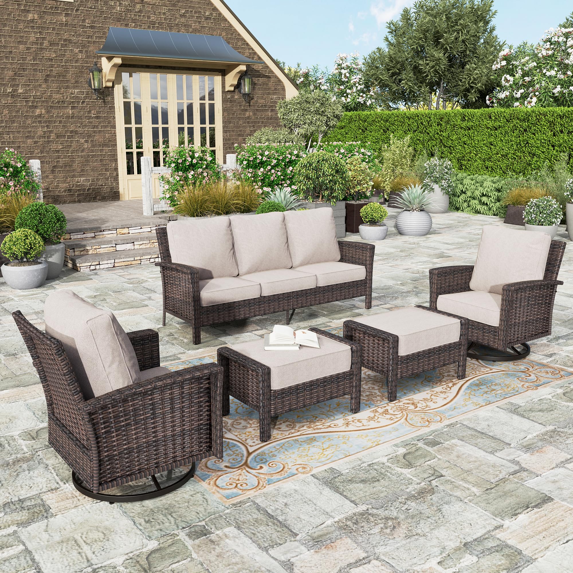 HERA'S HOUSE 5-Piece Patio Furniture Set with High Back Swivel Chairs & Thick 5.5
