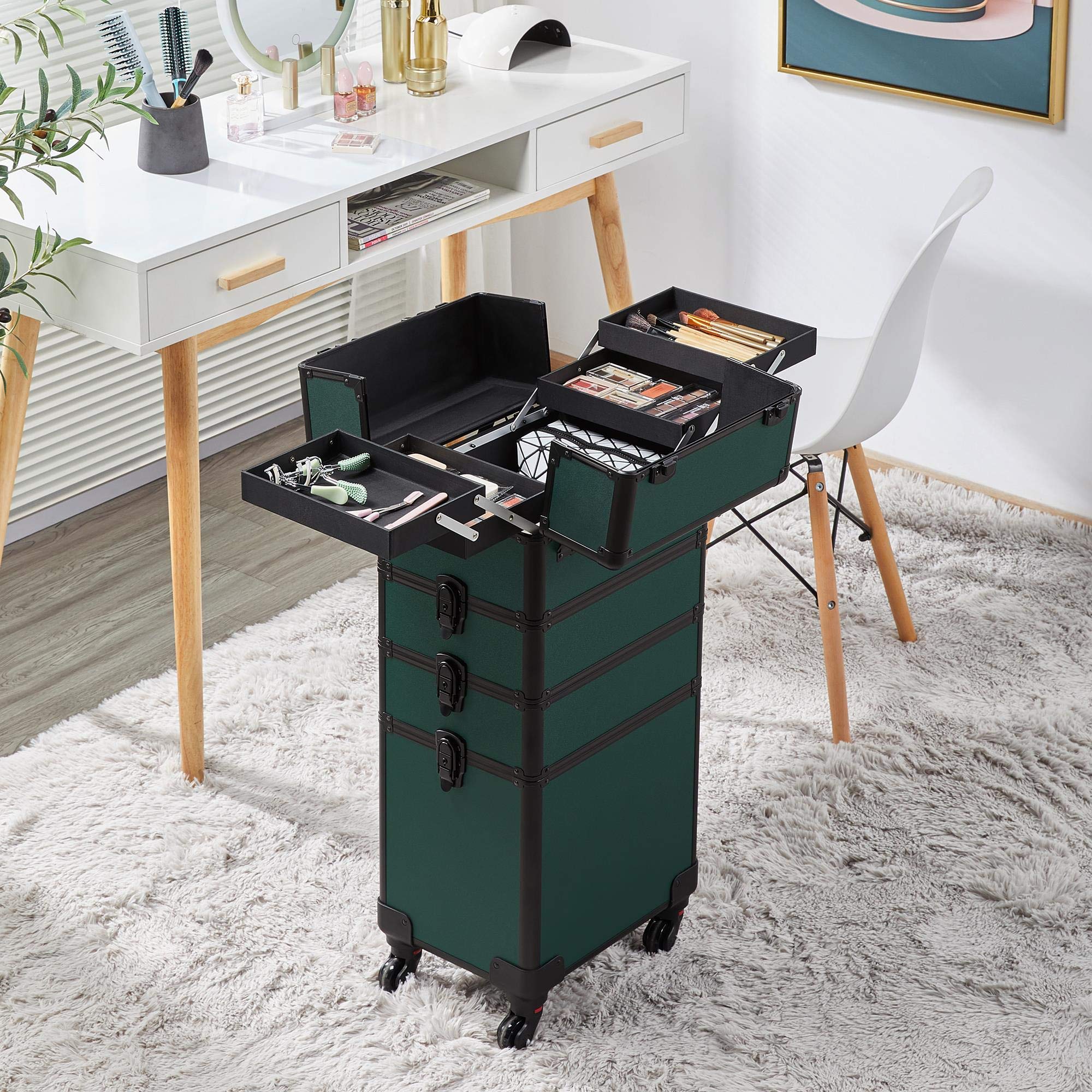 Topeakmart Large 4-in-1 Professional Rolling Makeup Train Case - Cosmetic Storage Organizer with Folding Trays, Wheels & Aluminum Frame (Dark Green) | Perfect for Travel, Salon Professionals & Makeup Artists