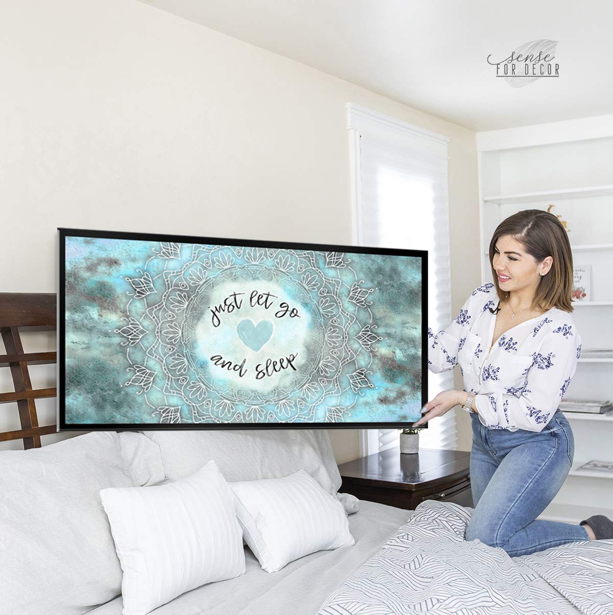 Boho Just Go And Sleep Large Canvas Wall Art - Bohemian Decor for Master Bedroom, Mandala Wall Art Above Bed (Teal & Black Floating Frame 42x19) - Perfect for Home, Office & Meditation Spaces