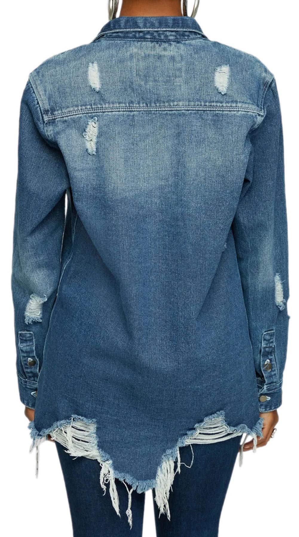CHARTOU Women's Distressed Ripped Raw Hem Denim Shirt Jacket - Vintage Boho Button Down Top for Casual Outfits & Music Festivals