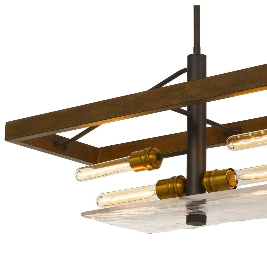 Handcrafted 60W x 6 Pine Wood Island Chandelier with Artisan Glass - Rustic Dining Room Lighting for Kitchen, Farmhouse & Restaurant Decor