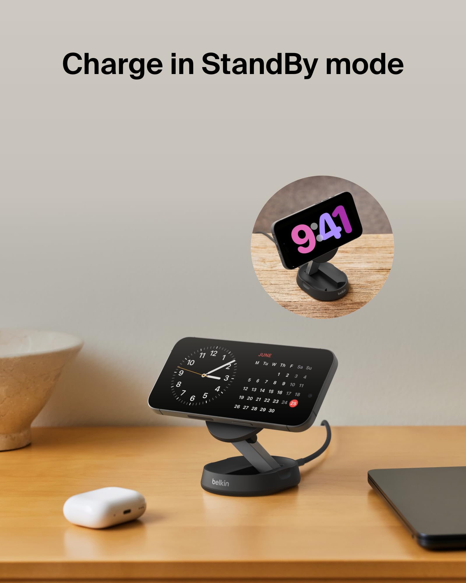 Belkin 15W MagSafe-Compatible Fast Qi2 Charging Stand - Magnetic Wireless Charger for iPhone 16/16 Plus/16 Pro/16 Pro Max, iPhone 15/14 Series, AirPods Pro & Qi-Enabled Devices (Black) | Perfect for Bedside, Office & Travel Charging