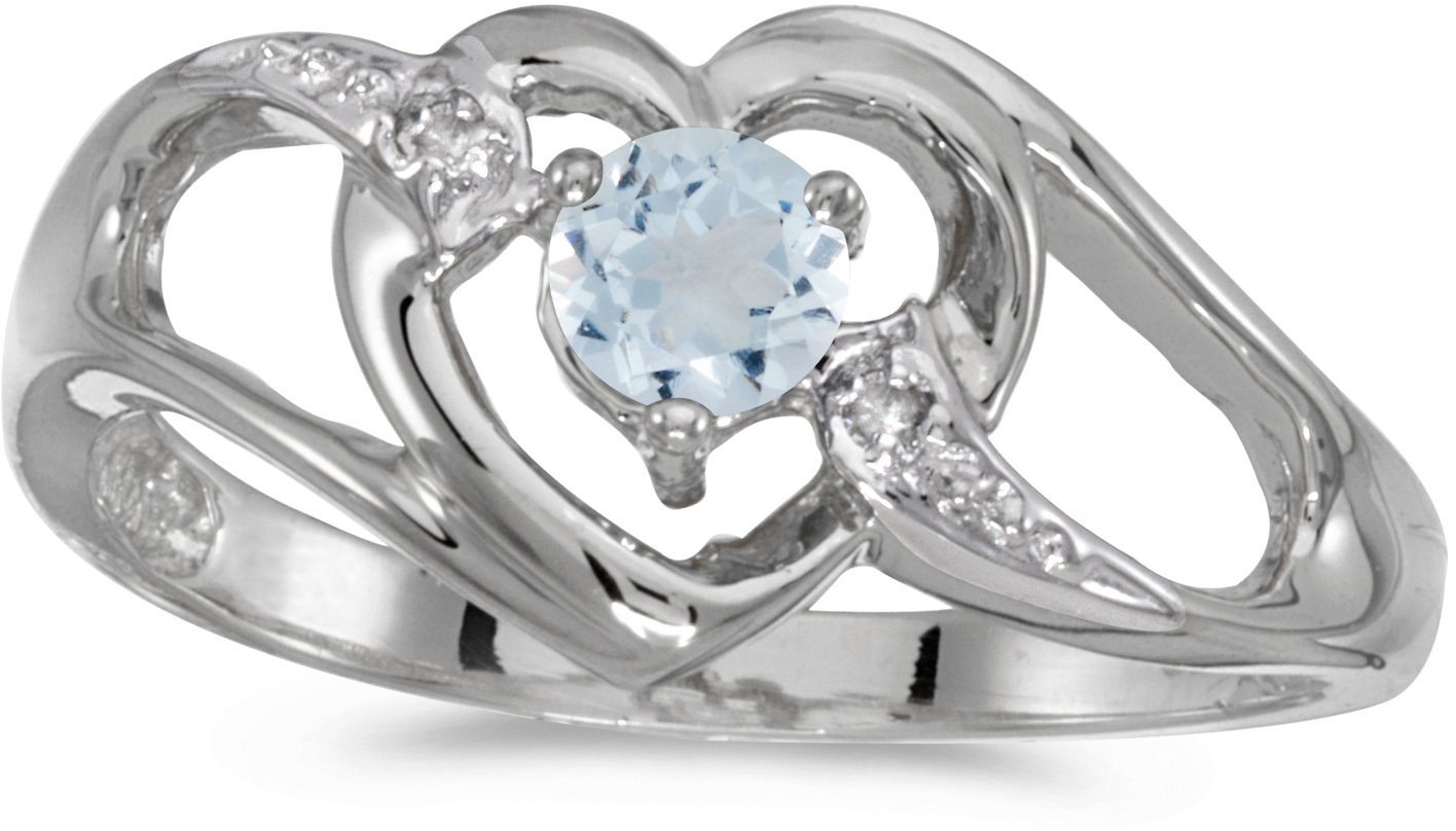 10K White Gold Round Aquamarine and Diamond Heart Ring for Women - Elegant Birthstone Jewelry Gift for Anniversary, Engagement, Valentine's Day