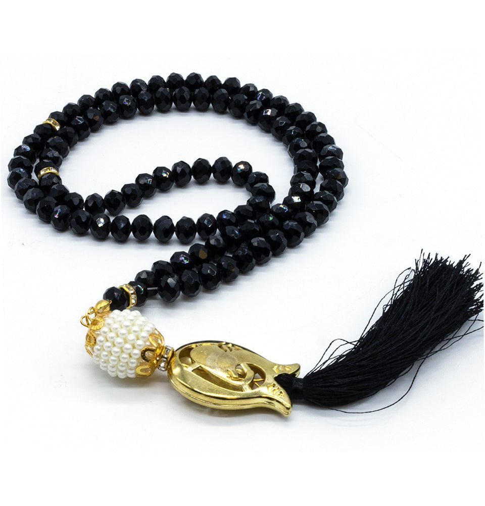 Islamic Tesbih - 99 Count Acrylic Crystal Cut Prayer Beads with Elegant Tulip Tassel, Black | Perfect for Muslim Prayer, Meditation & Zikr | Durable & Beautiful Islamic Gift for Men & Women