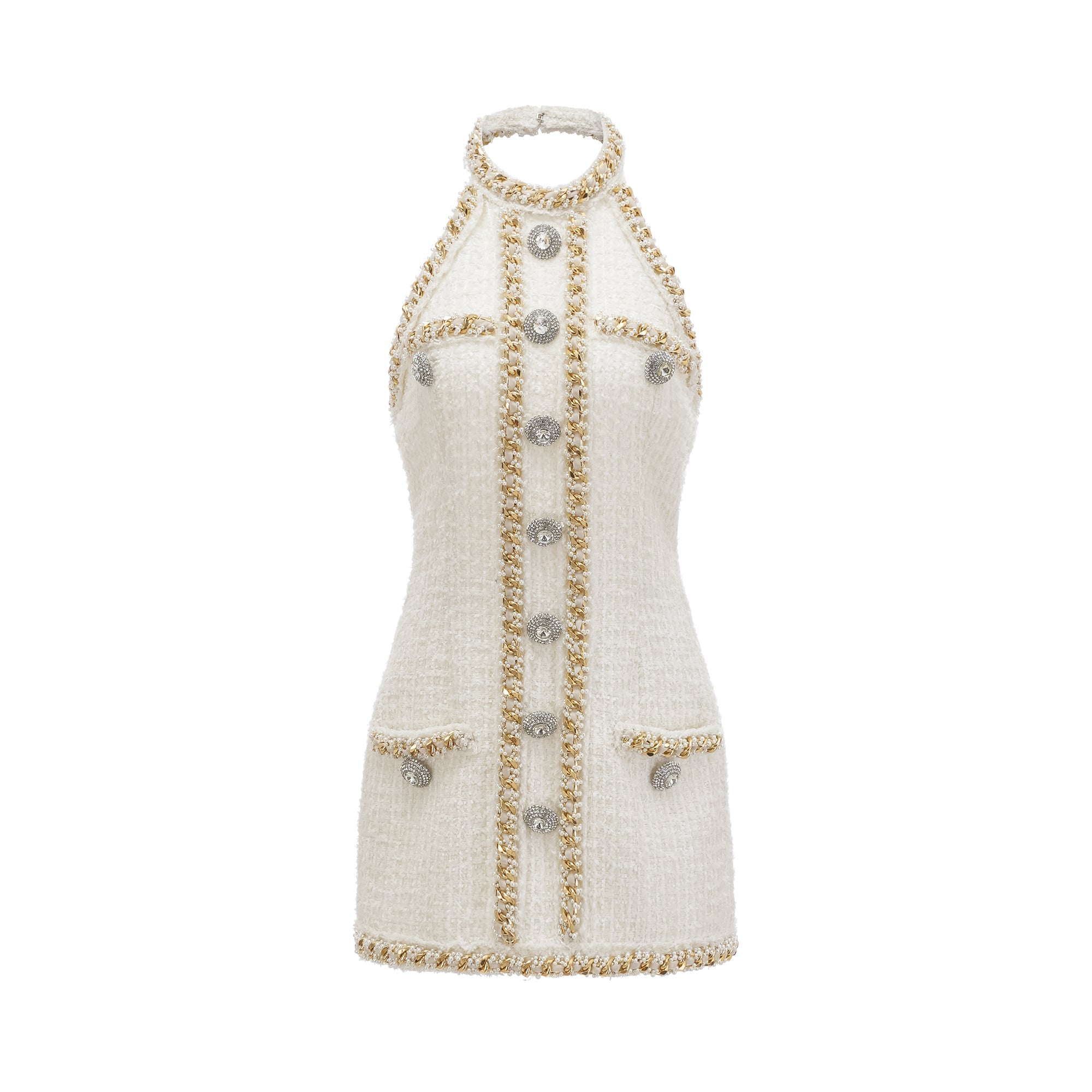 Cesca Crystal Button Tweed Mini Dress - Elegant & Stylish Women's Fashion for Parties, Dates & Special Occasions