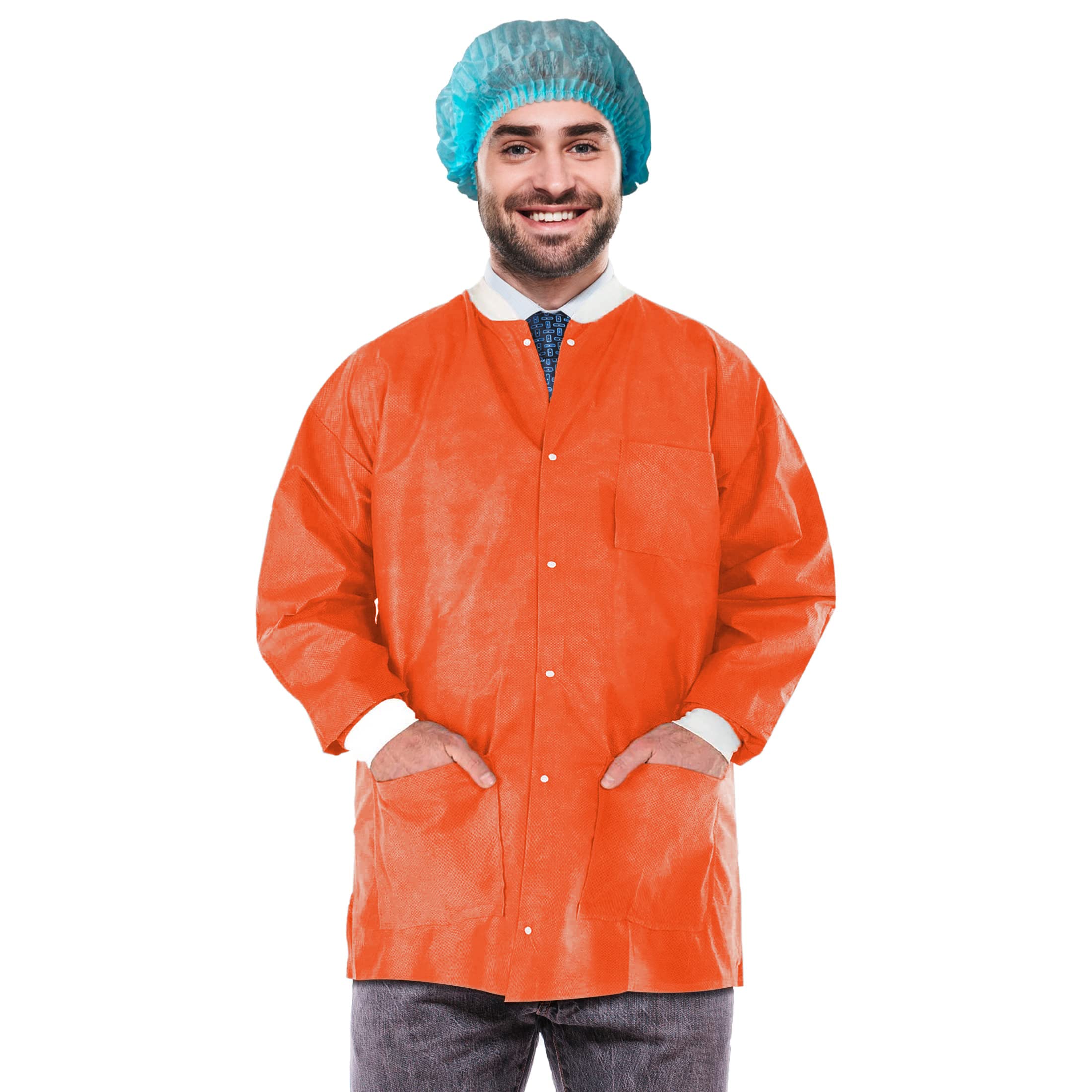 EZGOODZ 31-Inch Disposable Lab Coat - Pack of 100 Orange Unisex PPE Workwear with Snap Front, Knit Cuffs & 3 Pockets (50 GSM) - Ideal for Medical Labs, Cleanrooms & Industrial Safety